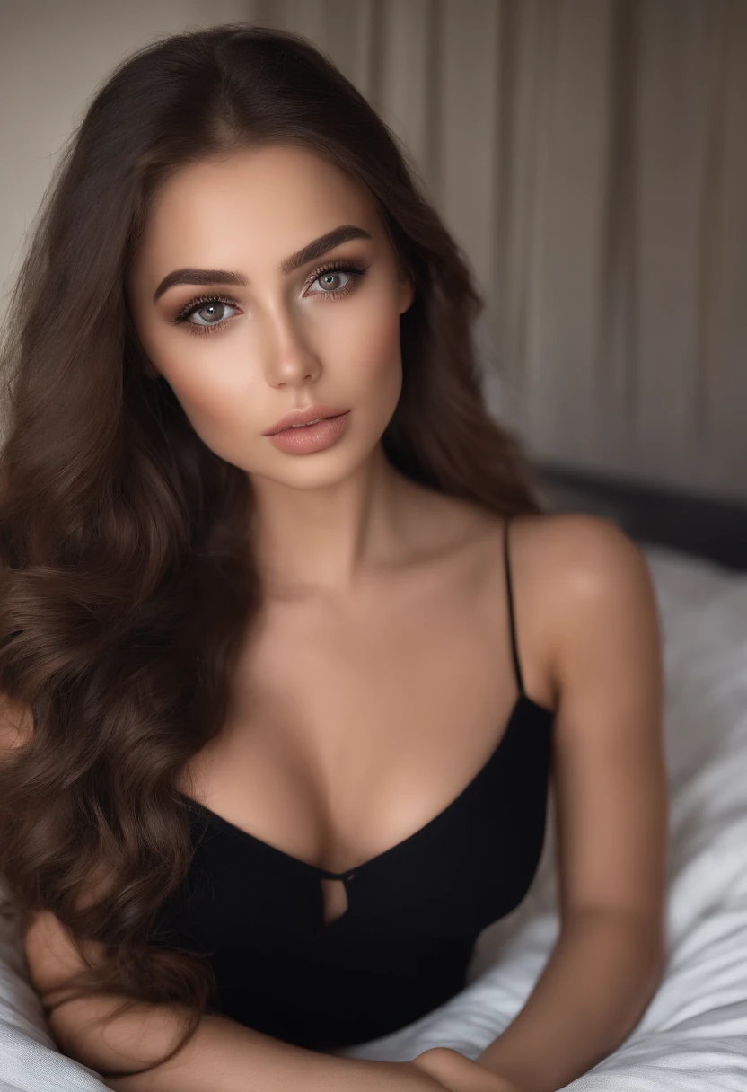 arafed woman fully , sexy girl with brown eyes, ultra realistic, meticulously detailed, portrait sophie mudd, brown hair and large eyes, selfie of a young woman, dubai eyes, violet myers, without makeup, natural makeup, looking directly at the camera, face with artgram, subtle makeup, stunning full body shot kneeling on bed, in bedroom, medium to large size bust