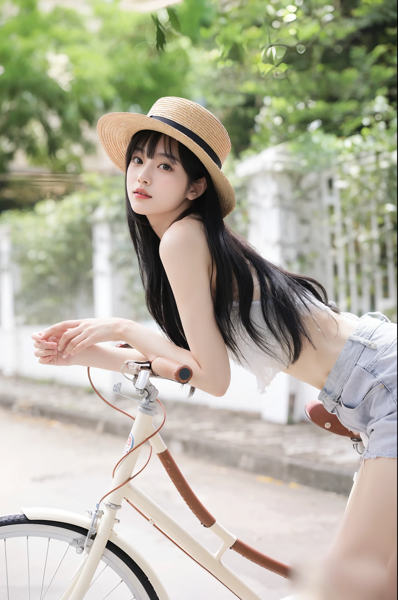 Alafi woman riding a bicycle，A hat on his head, gorgeous chinese models, young and cute girl, Chinese girl, photo of slim girl, with straw hat, Asian girl with long hair, a cute young woman, photo of slim girl model, Beautiful Asian girl, Anime girl in real life, xintong chen, Anime Thai girl, Gorgeous young Korean woman