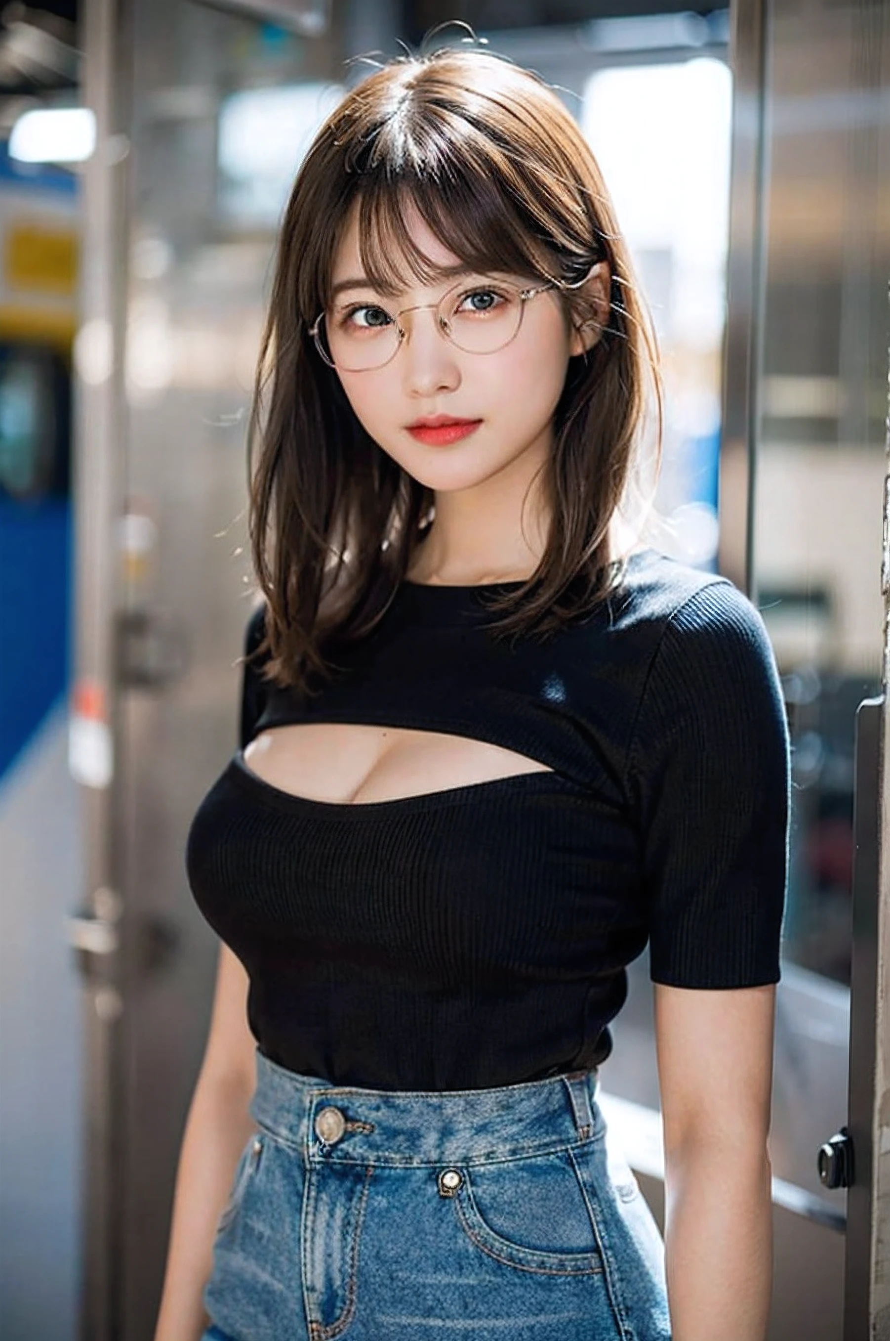 a woman in a high skirt standing in an art work room with dark furniture, 1girl, blonde hair, breasts, solo, short hair, skirt, looking at viewer, curtains, denim, indoors, saijo juri, large breasts, cleavage, (8K、Raw photography、top-quality、​masterpiece:1.2)、(realisitic、Photorealsitic:1.37)、ultra-detailliert、超A high resolution、1人、see the beholder、beautifull detailed face、A smile、Constriction、(Slim waist) :1.3)、short-cut、Beautiful detailed skin、Skin Texture、Floating hair、Professional Lighting、Wait for the platform train、Black square glasses  、Whole human body、Brown hair