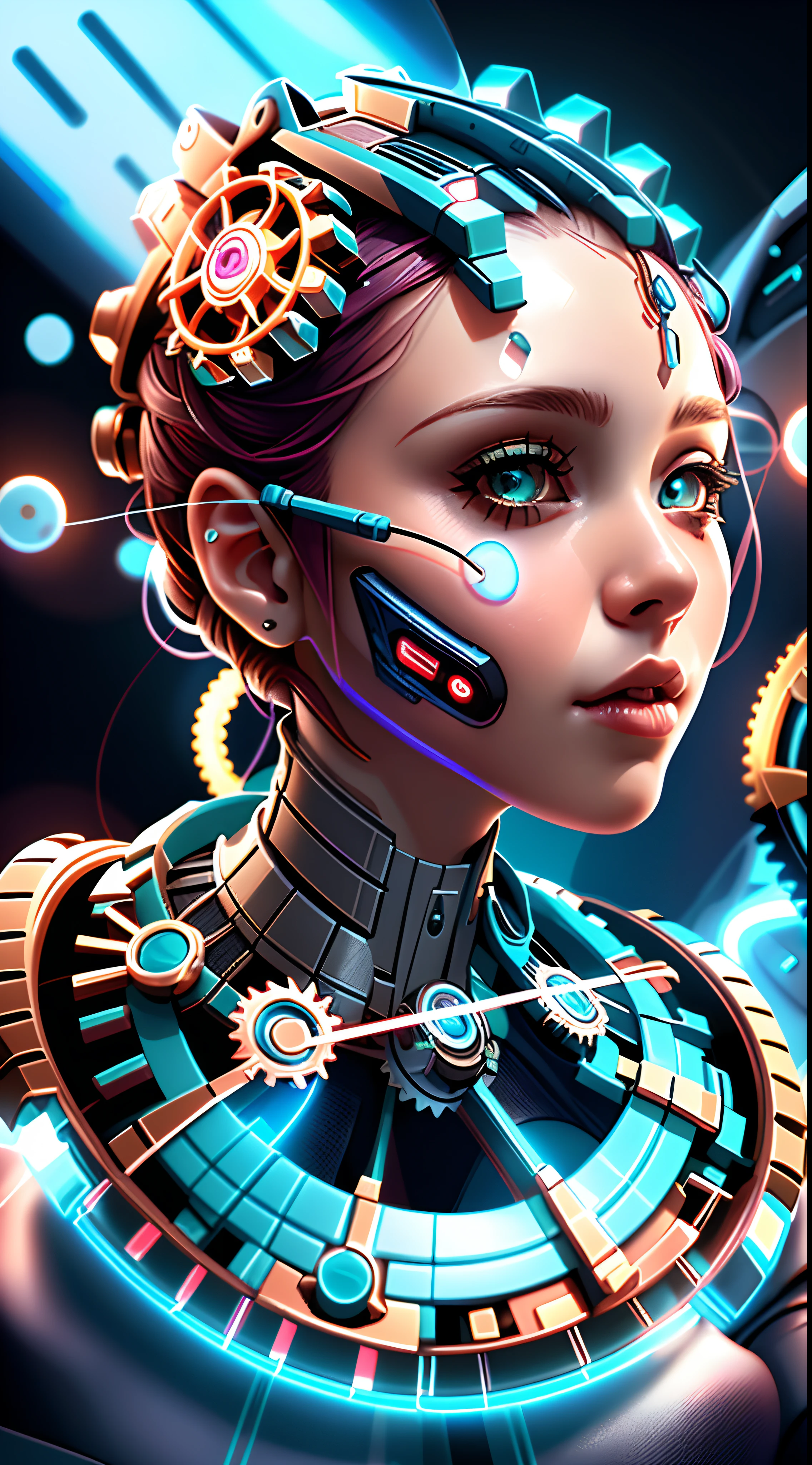 A closeup of a woman with a watch on her head, portrait of a mechanical girl, retrato bonito sci - fi girl, bela arte digital, stunning digital illustration, inspirado em Marek Okon, portrait of a cyberpunk machine, cyberpunk sonhadora, meninague bonito, menina ciborLOP. Scifi, menina bonita ciboRetrato de uma rainha ciborgue