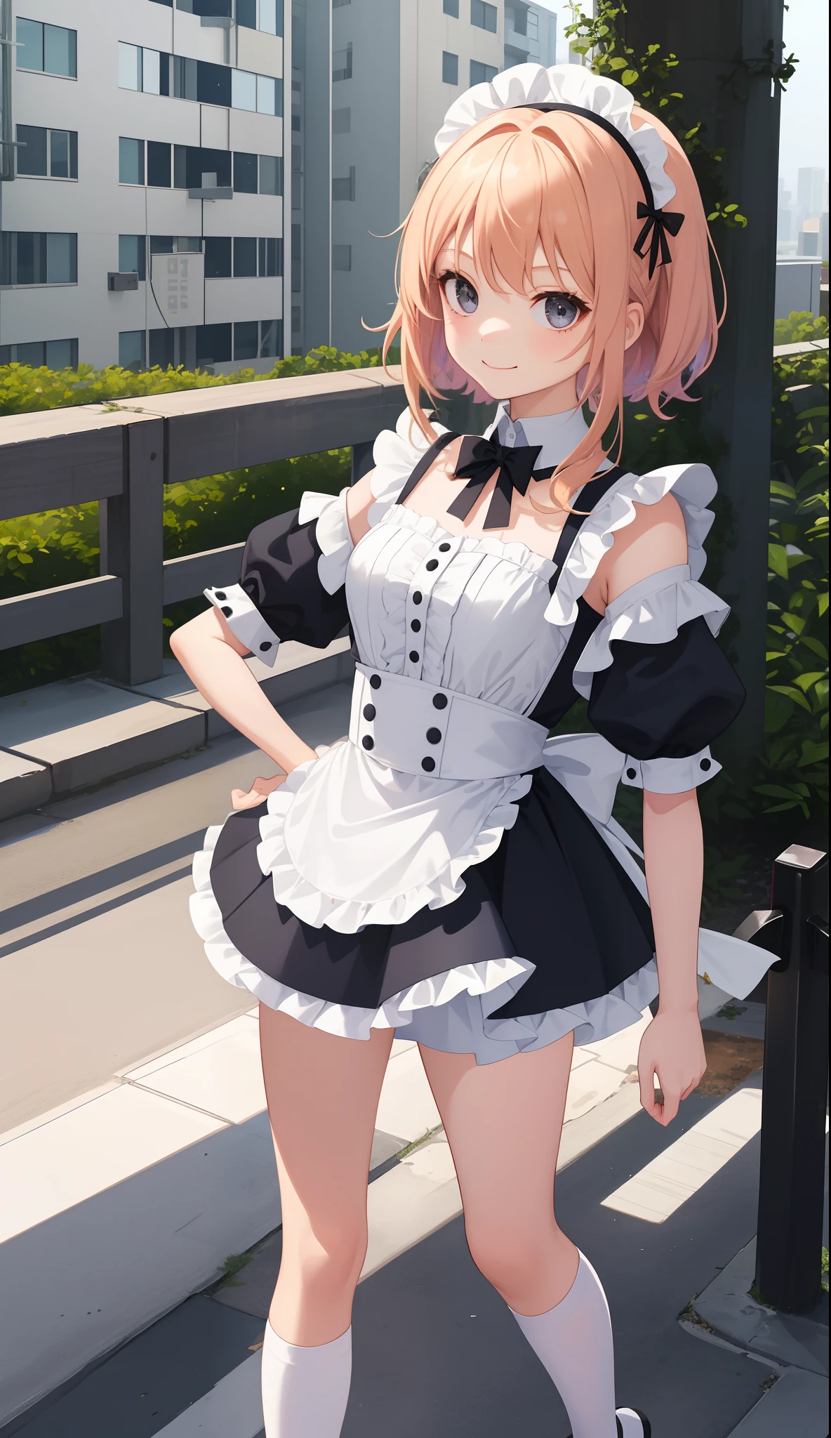 Kobayashi, (Bust size very very small.)),  (flat chest:1.2), Posing embarrassed, Sexy Maid Dress, maid bikini, frills, Ass support 