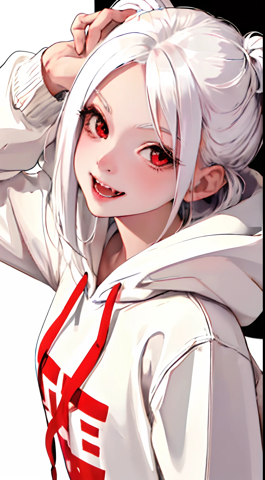 masterpiece, best quality, gorgeous, a mischevious girl wearing a hoodie, 1girl, cute, perfect face, expressive eyes, vampire fangs, naughty, mischevious, cute, (close up), no_pants, white hair, bedroom, cozy, warm colors, loose hoodie, perfect light, dramatc lighting, confy atmosphere, red eyes, vivid eyes, pefect anatomy, 4k, high res, perfect hands, BREAK is an happy image, the image transmite good vibes,an a happy atmosphere