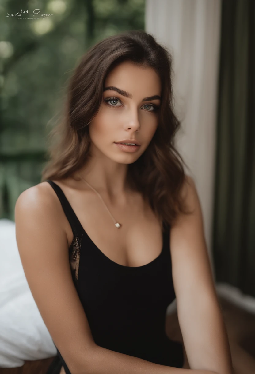 arafed woman with a white tank top and a necklace,nude, sexy girl with green eyes, portrait sophie mudd, brown hair and large eyes, selfie of a young woman, bedroom eyes, violet myers, without makeup, natural makeup, looking directly at the camera, face with artgram, subtle makeup, stunning full body shot, piercing green eyes, beautiful angle, attractive pose, cute girl, sexy pose, full body picture, full body, full body shoot, brunette goddess, high detail, satisfied pose, leather pants