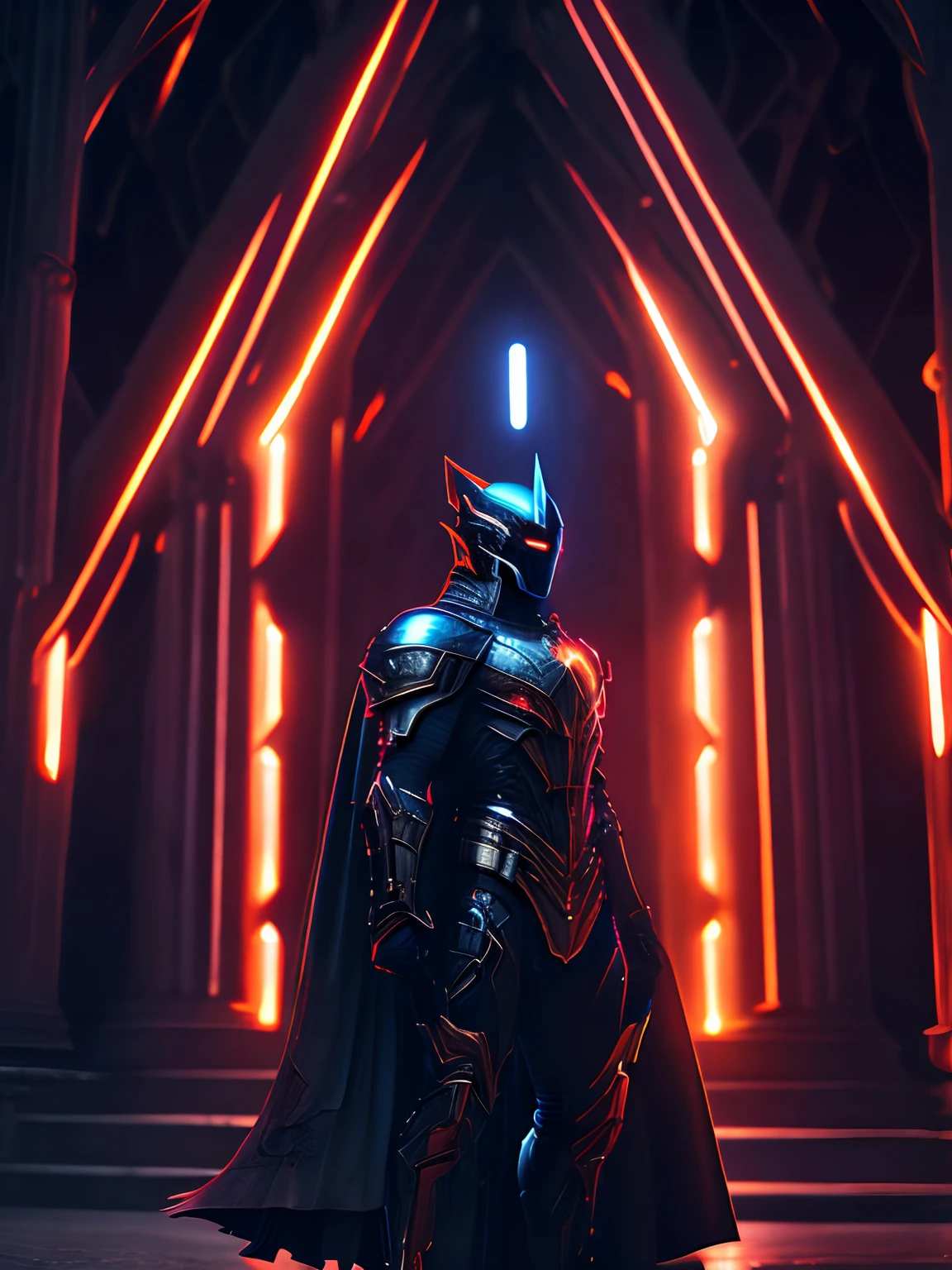 dark portrait of Fire knight from Marvel Comics immerging from the dark silver evil powers with intricate angular cybernetic implants inside a brutalist building, gothic brutalist cathedral, cyberpunk, award-winning photo, bokeh, neon lights, cybernetic limb