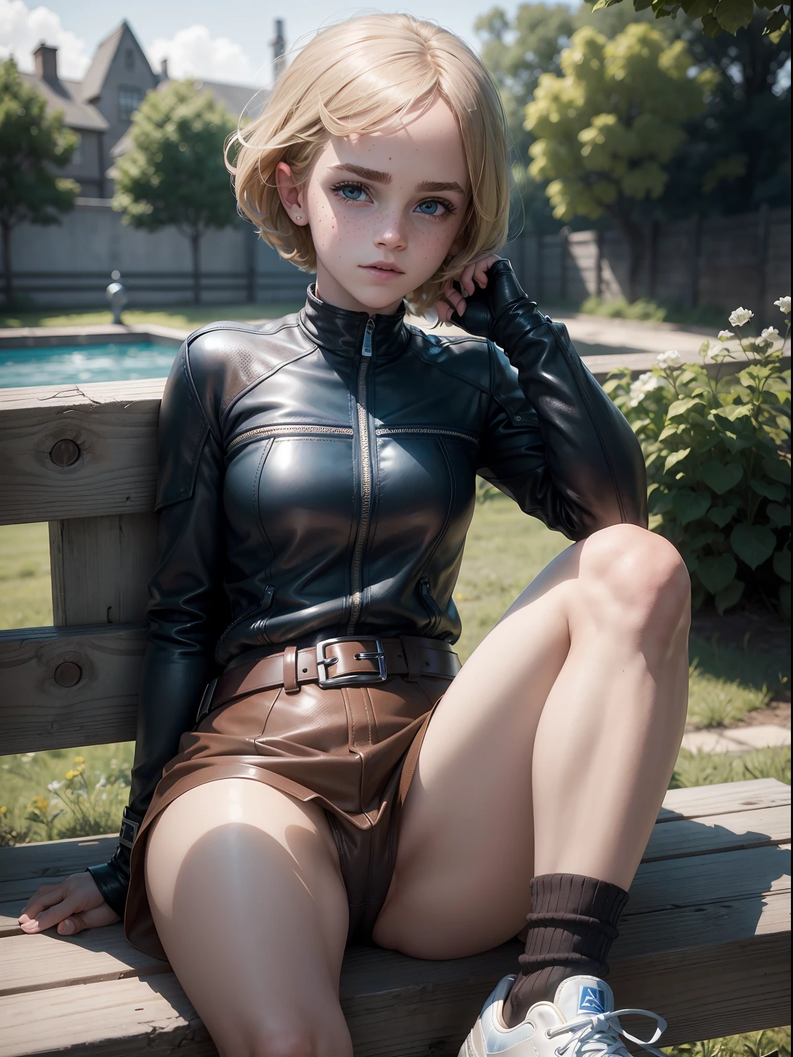 blonde teen emma watson sitting on a fence. short hair. the tenderness of her blue eyes speaks of innocence and acceptance. freckles. leather suit, a brown belt. shiny tennis shoes.