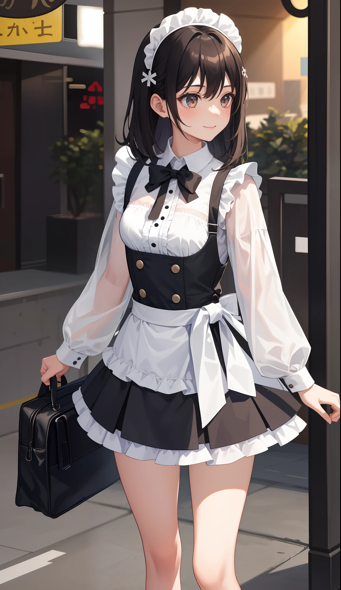 1girl in、AS-Adult、A smile、The shirt、Mini skirt、pantiy、(small tits)、doress、pinafore、Hair decoration、(Maid costume)、Walking with a thigh、Upper body portrait、