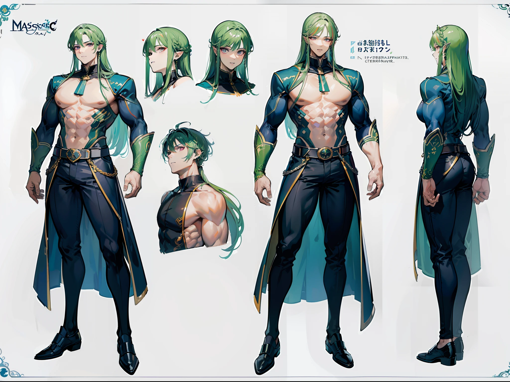 (Masterpiece, best quality), detailed, 1 man, ((character concept art)), ((character design sheet, same character, front, side, back)), full body, body complete, 1 Male angel, 1 Man angel, Detailed face, character design sheet，full bodyesbian, Highly detailed, character sheet, character design, Many parts, dark skin, angel wings, long ponytail green hair, angel outfit, muscle male god, male clothes, masculine, muscle man, male muscle, manly, male angel, Muscle male with long ponytail green, hair，beautiful man, beautiful muscle man