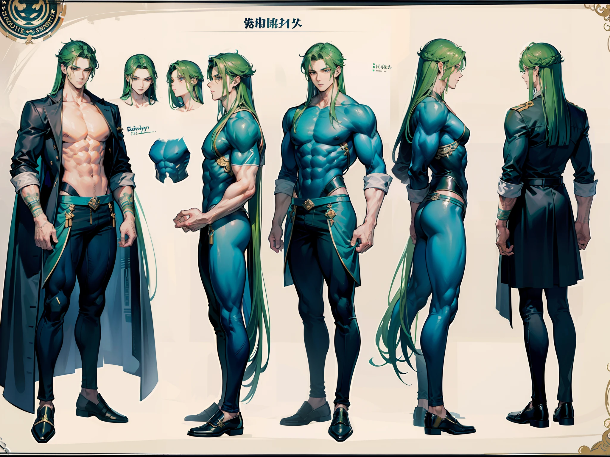 ((Masterpiece, Highest quality)), Detailed face, character design sheet， full bodyesbian, Full of details, frontal body view, back body view, Highly detailed, Depth, Many parts, Muscle boy with long green hair with long bangs，handsome man, muscle body, navy, commander, man tall