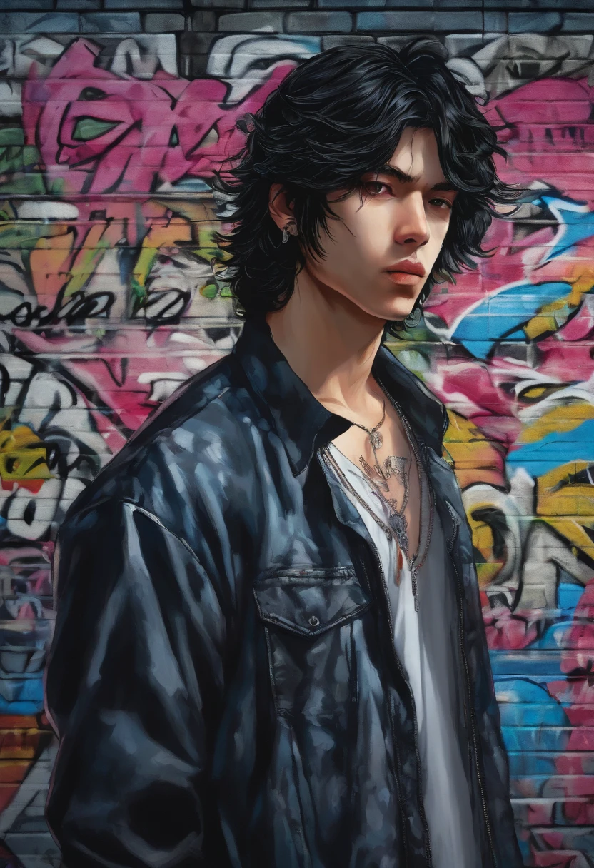 A brooding young man with tousled black hair and piercing blue eyes stands against a graffiti-covered wall in a dimly lit alleyway, exuding an air of mystery and rebellion, manga-inspired art style, vibrant color palette, dynamic lighting, by Hiroshi Nagai.