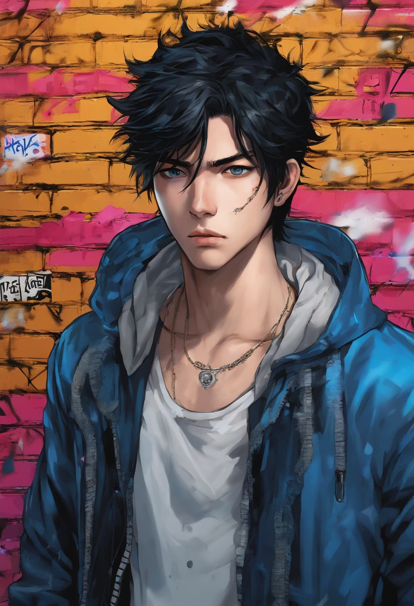 A brooding young man with tousled black hair and piercing blue eyes stands against a graffiti-covered wall in a dimly lit alleyway, exuding an air of mystery and rebellion, manga-inspired art style, vibrant color palette, dynamic lighting, by Hiroshi Nagai.