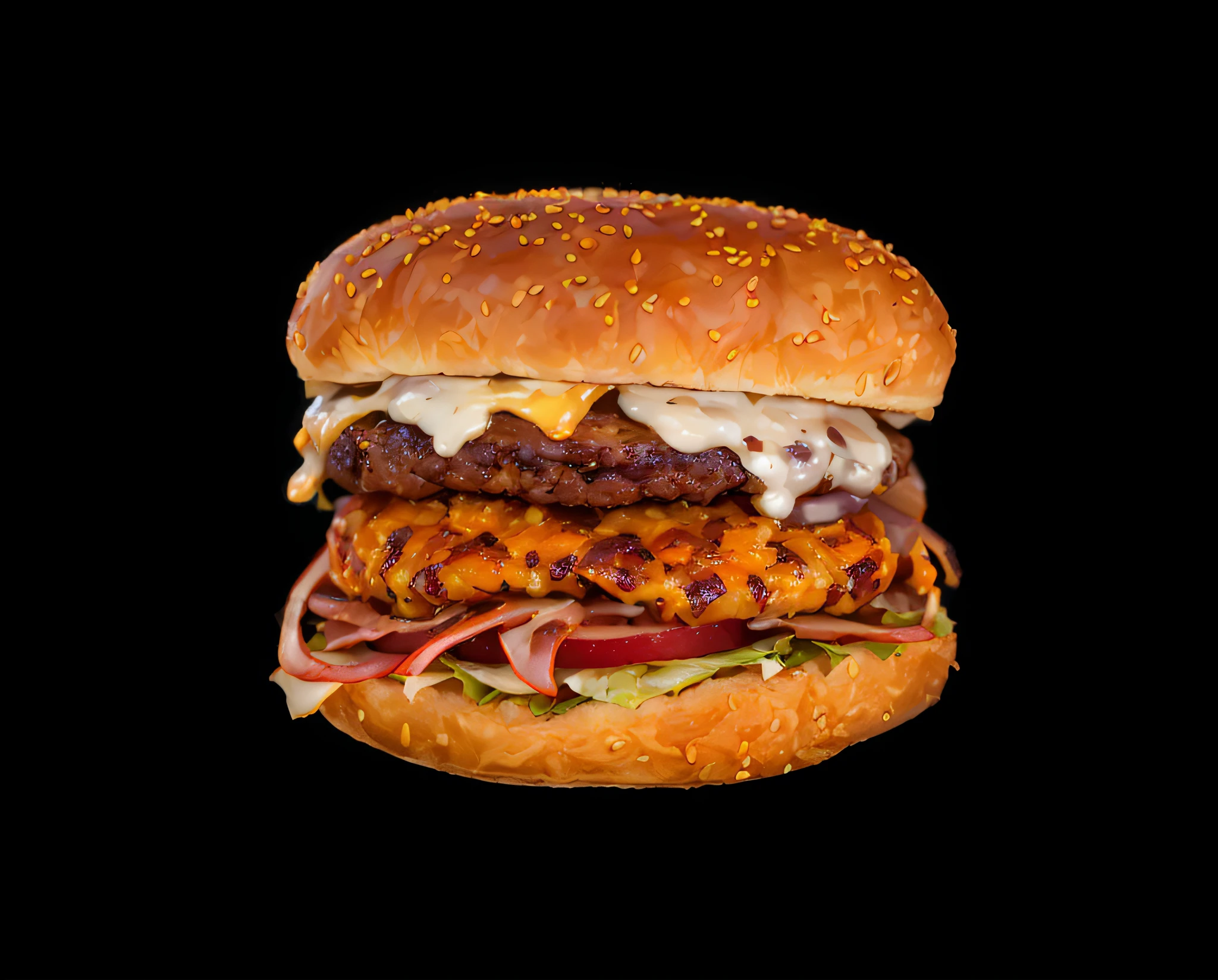 there is a large burger with meat and cheese on it, big juicy burger, burger, burger with a mouth, cheeseburger, burger with human mouth, luscious patty with sesame seeds, on black background, hamburger, full subject shown in photo, by Jan Rustem, closeup portrait shot, burger with human eyes, highly detailed saturated, hamburger monster, high quality food photography