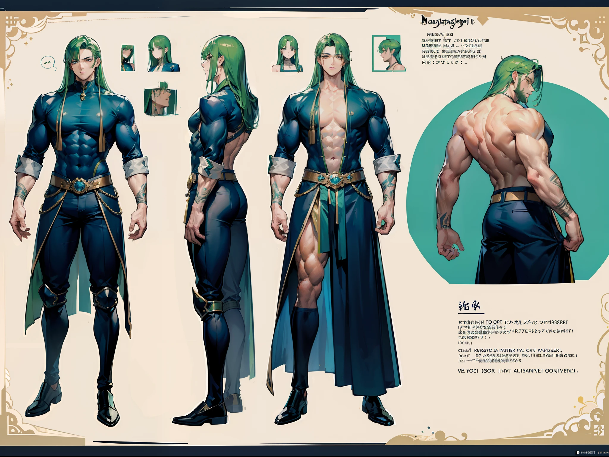 ((Masterpiece, Highest quality)), Detailed face, character design sheet, full bodyesbian, Full of details, frontal body view, back body view, Highly detailed, Depth, Many parts, Muscle boy with long green hair,handsome man, muscle body, navy, commander, man tall