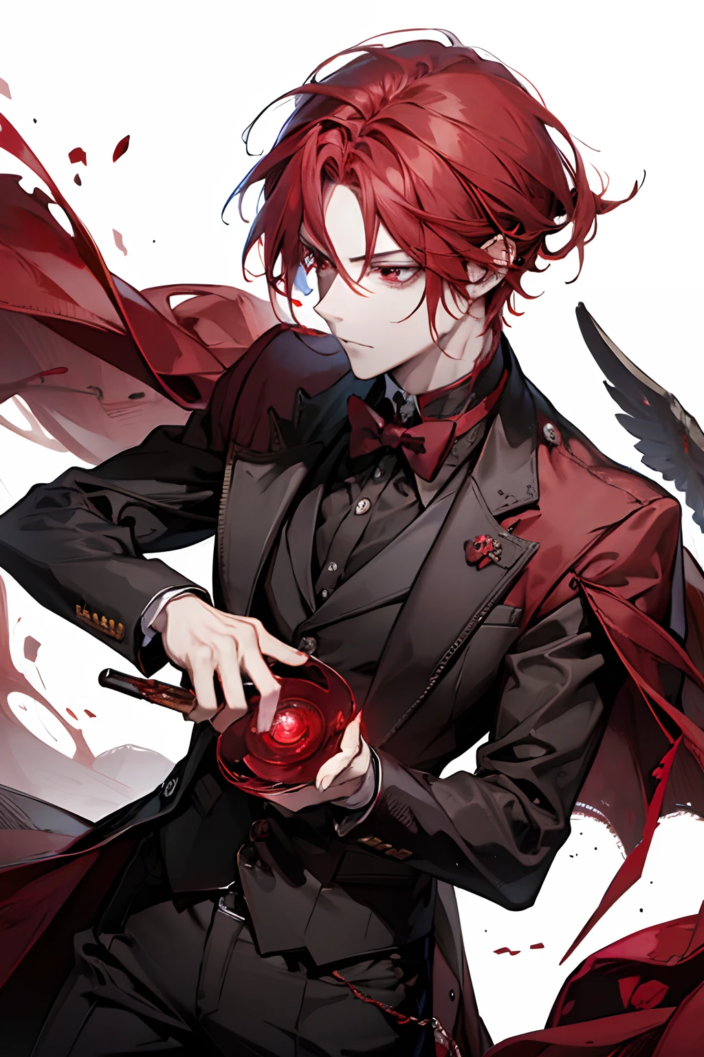 1 muscular man, red hair, Red and black Formal Suit, red eyes, blood magic, pointy ears, high res, best resolution, absurd res, good eyes