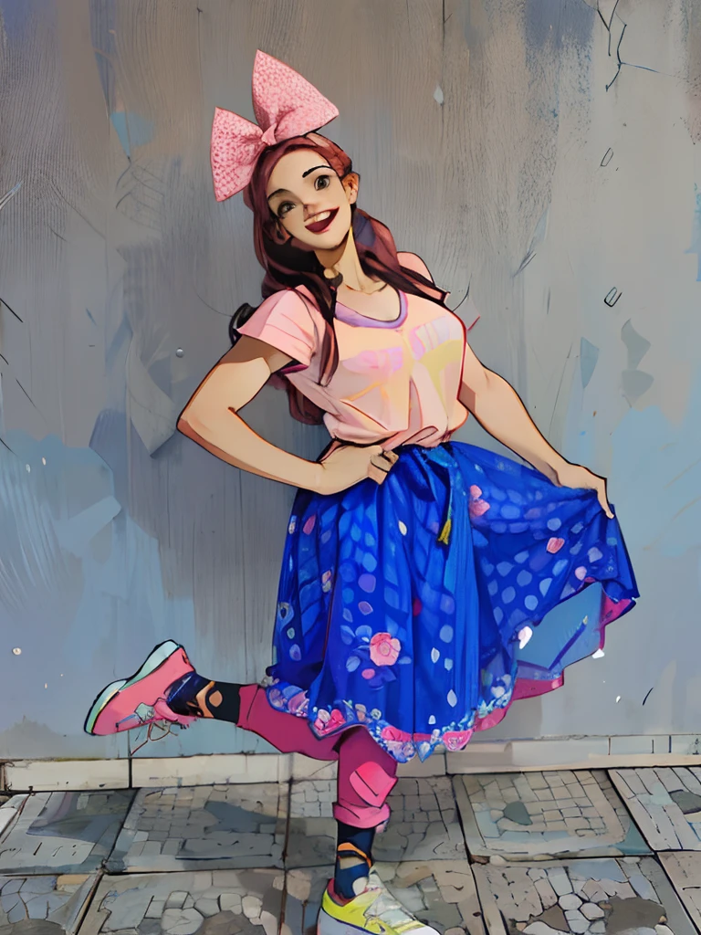 Mulher estilo dos desenhos animados, sorrindo, vestido azul, camiseta rosa, pink pants, tenis amarelo e rosa, large bow in hair, intrincate details.