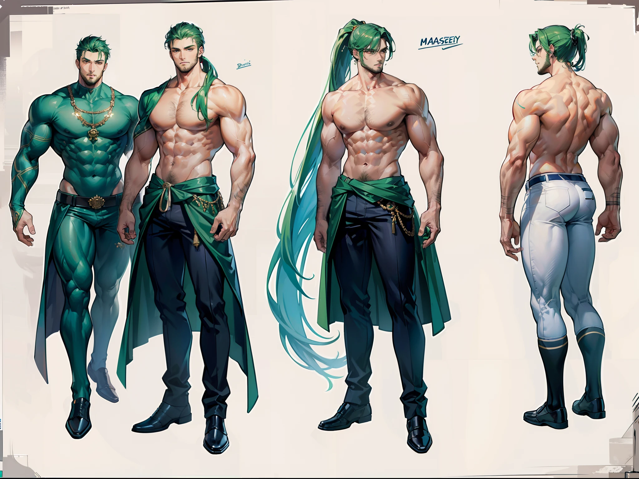 ((Masterpiece, Highest quality)), Detailed face, character design sheet， full bodyesbian, Full of details, frontal body view, back body view, Highly detailed, Depth, Many parts, Muscle boy with ponytail long green hair，handsome man, muscle body, navy, commander, man tall, pectoral muscles, abs