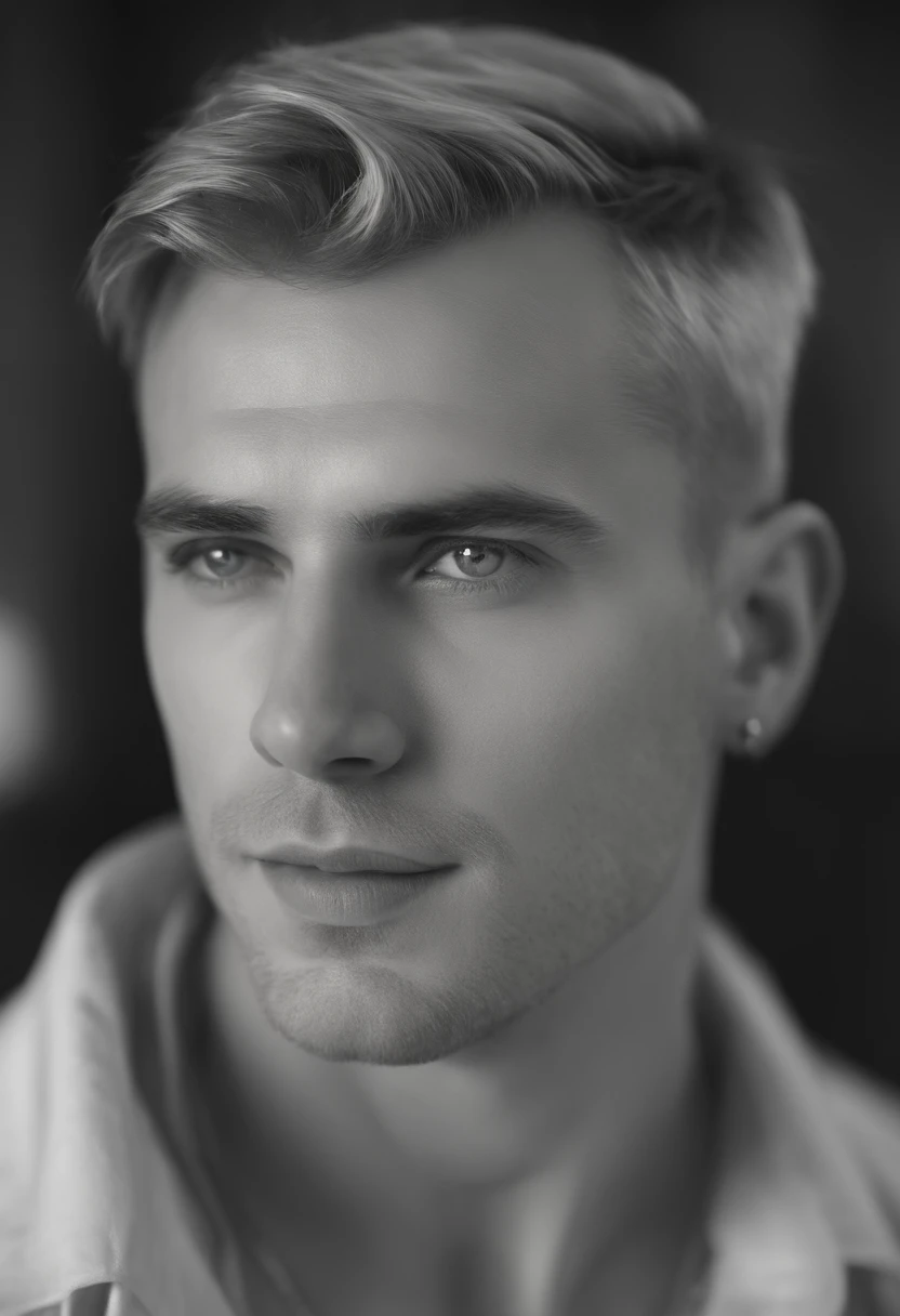 Portrait Attractive blonde man model with straight side shaved hair, ((ultra-detailed eyes)), Cinematic, Photoshoot, Shot on 25mm lens, Depth of Field, Tilt Blur, Shutter Speed ​​1/1000, F/22, White Balance, 32k , Super-Resolution, Pro Photo RGB, Half rear Lighting, Backlight, Dramatic Lighting, Incandescent, Soft Lighting, Volumetric, Conte-Jour, Global Illumination, Screen Space Global Illumination, Scattering, Shadows, Rough, Shimmering, Lumen Reflections, Screen Space Reflections, Diffraction Grading, Chromatic Aberration, GB Displacement, Scan Lines, Ambient Occlusion, Anti-Aliasing, FKAA, TXAA, RTX, SSAO, OpenGL-Shader's, Post Processing, Post-Production, Cell Shading, Tone Mapping, CGI, VFX, SFX, insanely detailed and intricate, hyper maximalist, elegant, dynamic pose, photography, volumetric, ultra-detailed, intricate details, super detailed, ambient –uplight –v 4 –q 2