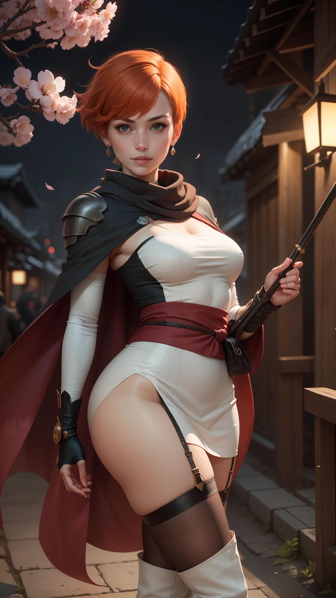 gwen tennyson,tracer,yorha 2b,rebecca chambers,samurai outfit,japan,kimono, steel armor,ager,green eyes,garter belt, thigh high boots,short hair,orange hair,moonlight,cherry blossom,shy smile,white striped top,bodycon skirt,freckles,redhead,beautiful girl, large breasts,ultra detailed,realistic, ninja scarf,short ninja cape,holding a spear,small earrings,close up,