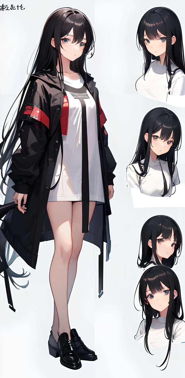 master piece, Highest quality)), Detailed face, character sheets, full body, full of details, multiple poses and expressions, Front view, side view, back view, character sheet, highly detailed, depth, many parts,A girl with black hair, short stature, messy hair, long hair, small face, emaciated, white oversized long-sleeved shirt, disheveled, free-falling long hair, the face is gloomy, emaciated, the chest is extremely small