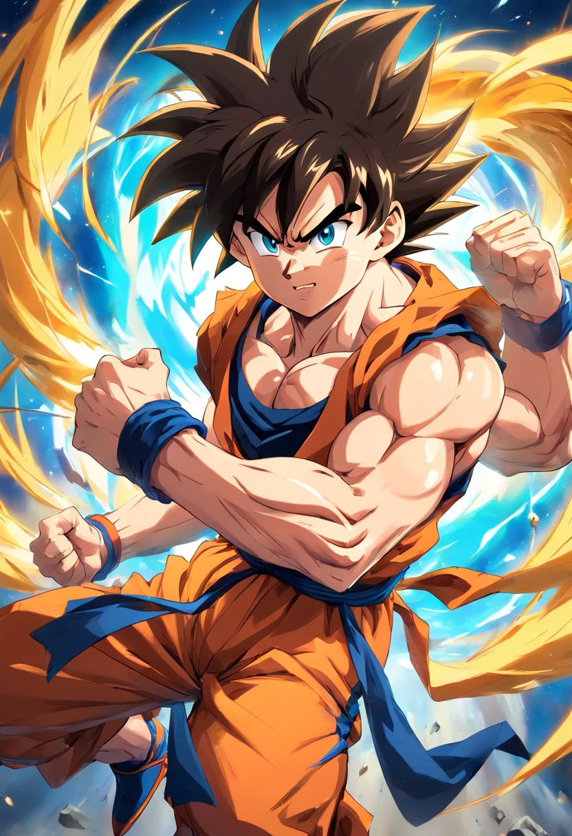 a detailed illustration of Goku, personagem de Dragon Ball, treinando intensamente em uma academia, showing your defined muscles and determined expression.