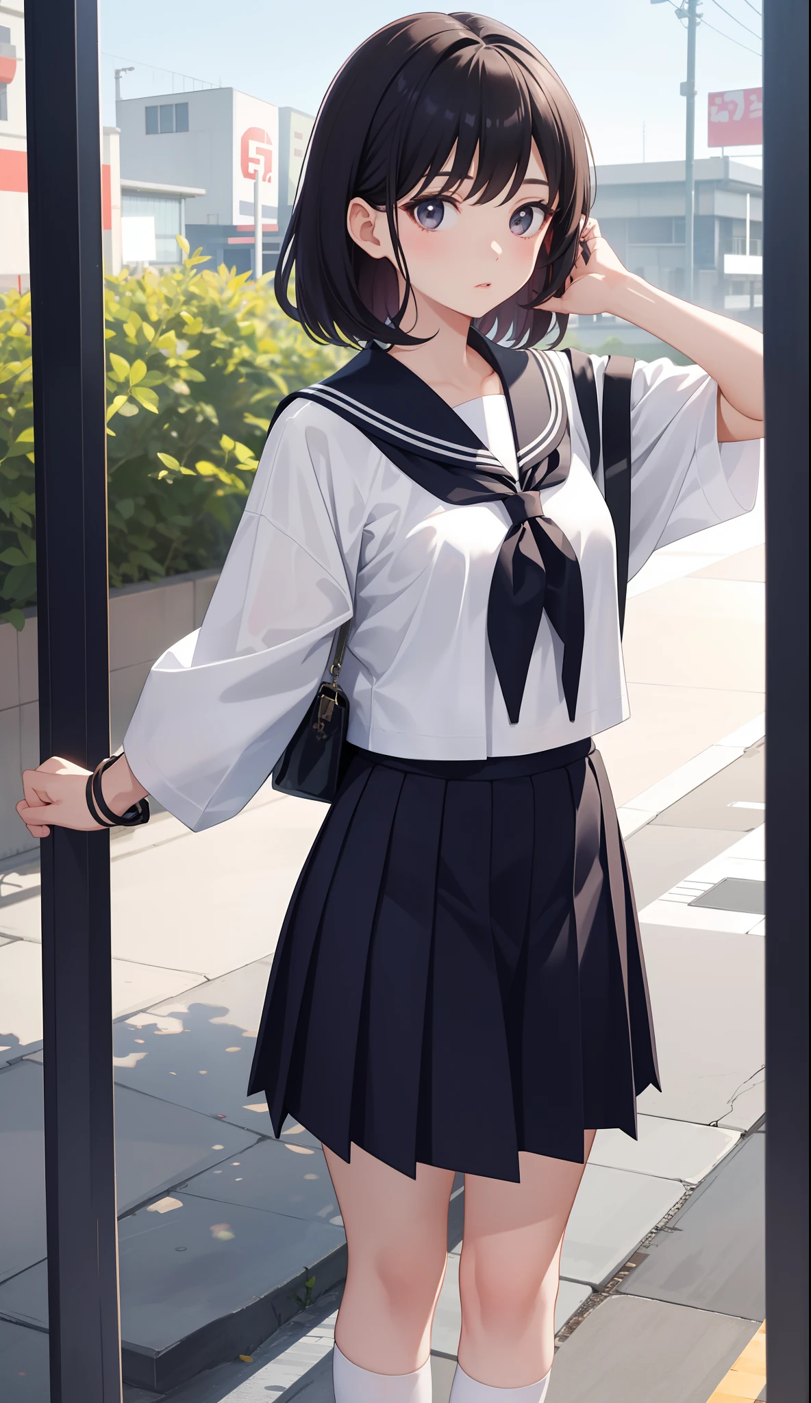 1girl in、AS-Adult、The shirt、skirt by the、(small tits)Japan High School、校服、serafuku、Walking with a thigh、Upper body portrait、