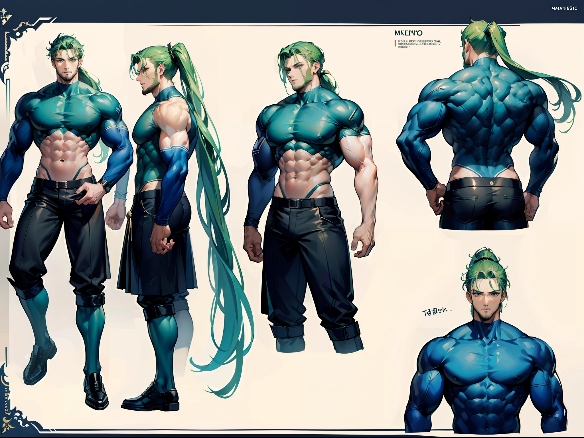 ((Masterpiece, Highest quality)), Detailed face, character design sheet, full bodyesbian, Full of details, frontal body view, back body view, Highly detailed, Depth, Many parts, Muscle boy with ponytail long green hair,handsome man, muscle body, navy, commander, man tall, pectoral muscles, abs