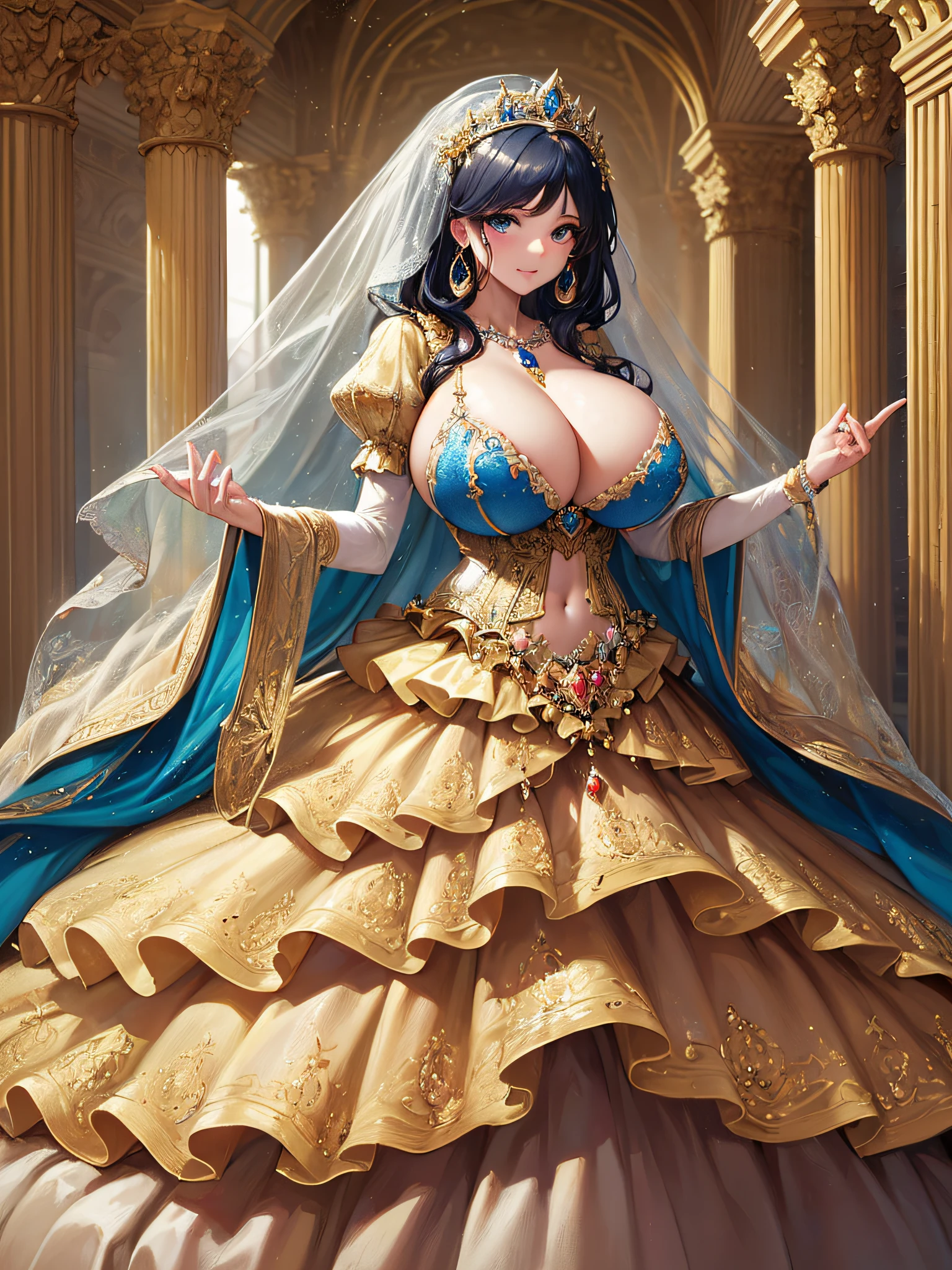 ((anime artstyle)),(Masterpiece),(Best Quality), (Super Detail),((Very Delicate and Beautiful)),(moe anime art style:1.3),1 girl,((full body portrait)),standing in palace of versailles,((solo)),cute,kawaii,digital art,(((1 princess in gorgeous princess rococo ballgown with voluminous full length hoop skirt))),((crinoline)),long train,((beautiful embroidery and jeweled)),voluminous frills,See-through,(gorgeous embroidery and beautiful lace),(((gigantic tits,skindentation,cleavage))),((large amount of straight hair,extremely voluminous Hair,Very Long Straight Hair)),((finely detailed face and eyes)),clear pupil,extremely gorgeousfull hair ornament,(bling-bling jeweled extremely gorgeousfull tiara),(bling-bling gorgeous gemstone jewelry),long veil,(beautiful background),full body,((gorgeous princess rococo ballgown with voluminous full length hoop skirt))