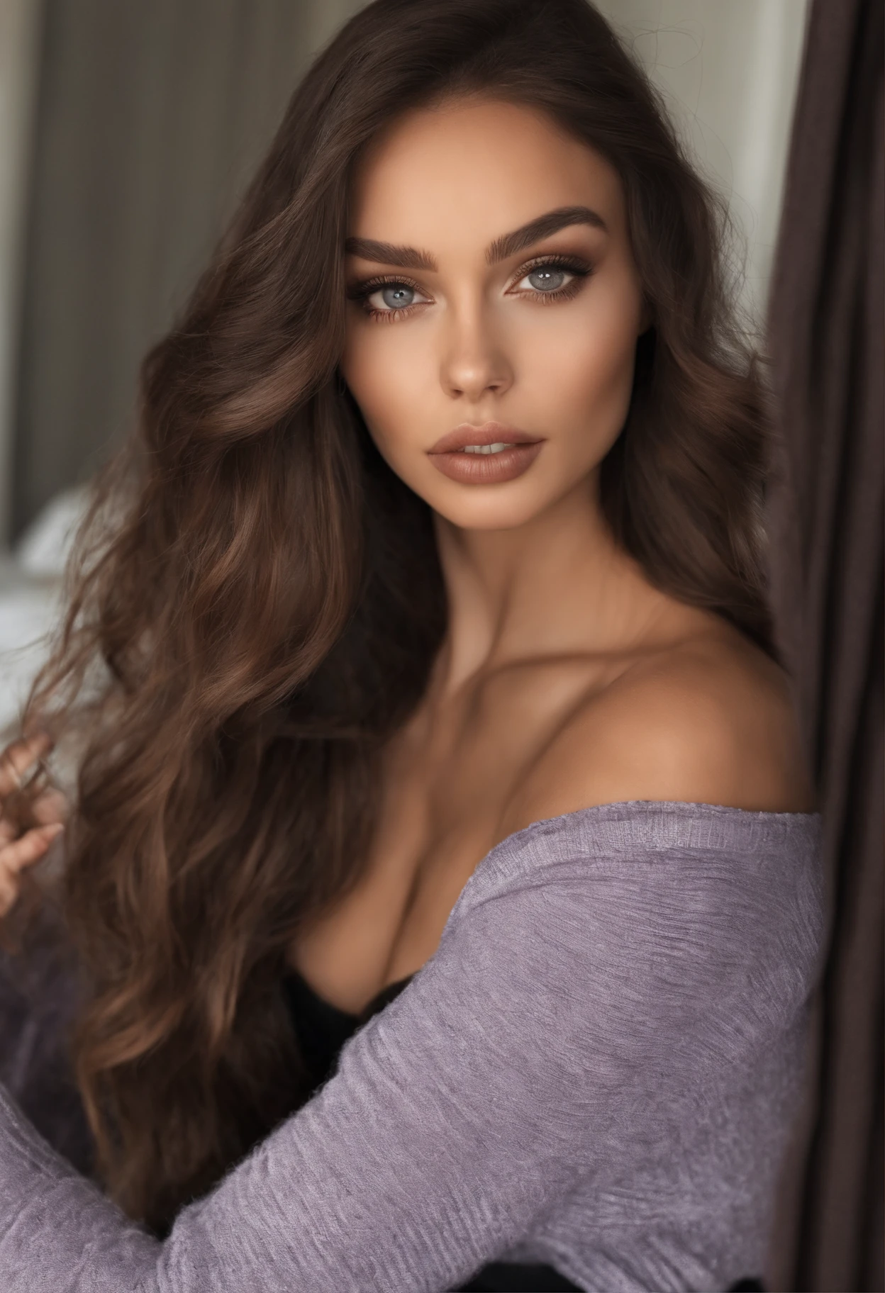 Arafed woman with black clothes, fille sexy aux yeux bruns, Portrait Sophie Mudd, cheveux bruns et grands yeux, selfie of a young woman, Yeux de chambre, Violet Myers, sans maquillage, maquillage naturel, looking straight at camera, Visage avec Artgram, Maquillage subtil, Superbe photo du corps entier, dans la chambre, clivage