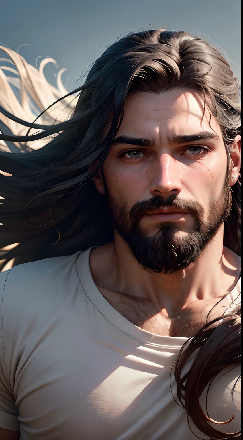 uma imagem de jesus cristo, homem 30 anos, meia idade, barba, aparencia magra com rosto de meio perfil, hair swaying in the wind, destaque nos seus olhos, high-resolution hyper-realistic image, melhor qualidade, ultra detalhado