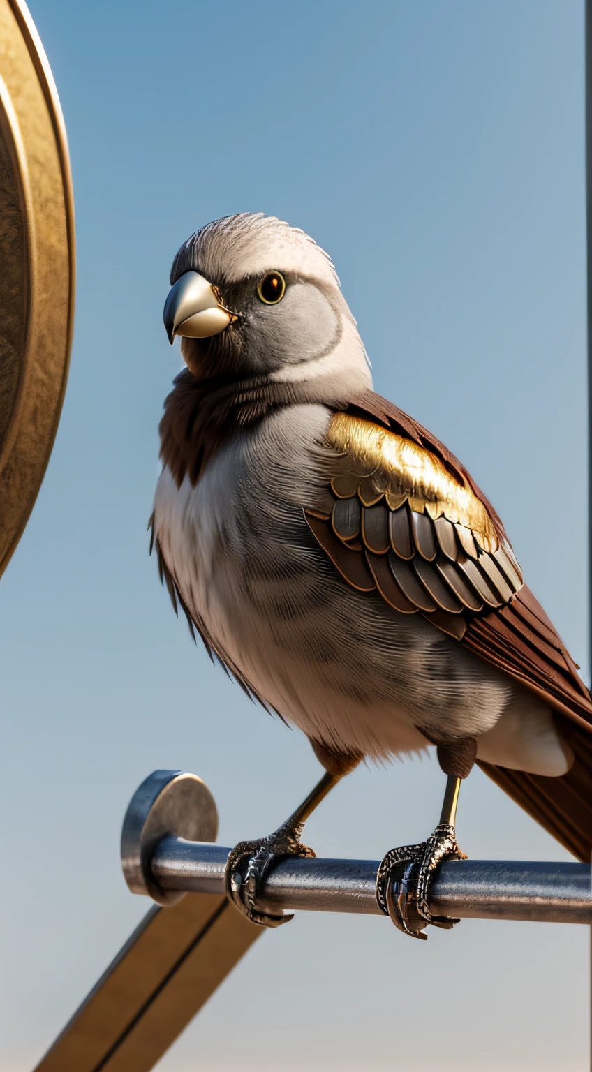 /gen --seed=239125463 --cfg=8 --strength=0.7 hyper realistic cute gladiator bird, a cute bird wearing a gladiator costume, metal (gold and silver) details, high quality image, perfect vectors, fully detailed, high quality image, 4K, 8K