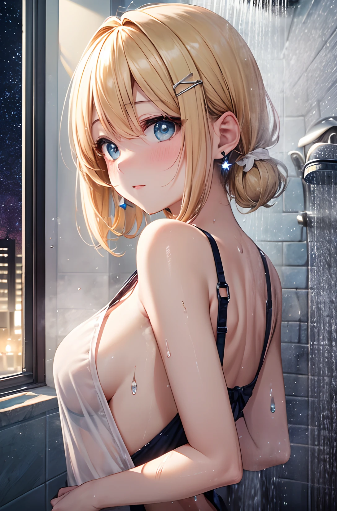 absurderes, ultra-detailliert,bright colour, extremely beautiful detailed anime face and eyes,Indoors, (Building and starry sky seen from the window:1.2),(Pleasant face:1.4), bow ribbon,浴室、(Wash your body in the shower:1.3),(Plenty of shower water:1.5),(a large amount of water droplets:1.4),(Hide your chest with a large amount of steam1.6),blur,(Deep Blue Eyes:1.3),(from the rear:1.2), feet outside the frame, depth of fields, 25 years old,Short hair, , asymmetrical bangs, Blonde hair with short twin tails, Shiny hair, Delicate beautiful face, red blush、White skin, hair clips, earrings, nighttime scene