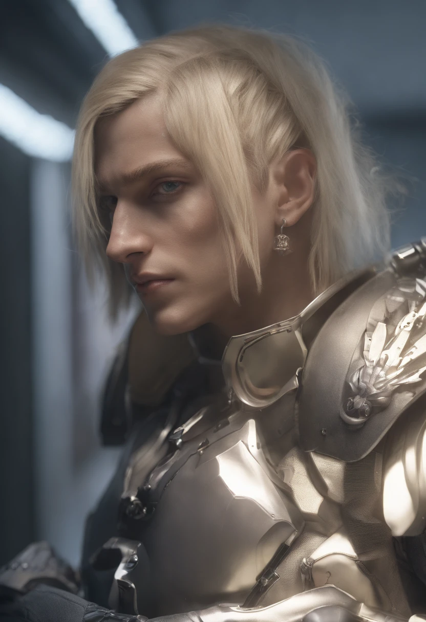 Portrait Attractive blonde man model with straight side shaved hair, ((ultra-detailed eyes)), Cinematic, Photoshoot, Shot on 25mm lens, Depth of Field, Tilt Blur, Shutter Speed ​​1/1000, F/22, White Balance, 32k , Super-Resolution, Pro Photo RGB, Half rear Lighting, Backlight, Dramatic Lighting, Incandescent, Soft Lighting, Volumetric, Conte-Jour, Global Illumination, Screen Space Global Illumination, Scattering, Shadows, Rough, Shimmering, Lumen Reflections, Screen Space Reflections, Diffraction Grading, Chromatic Aberration, GB Displacement, Scan Lines, Ambient Occlusion, Anti-Aliasing, FKAA, TXAA, RTX, SSAO, OpenGL-Shader's, Post Processing, Post-Production, Cell Shading, Tone Mapping, CGI, VFX, SFX, insanely detailed and intricate, hyper maximalist, elegant, dynamic pose, photography, volumetric, ultra-detailed, intricate details, super detailed, ambient –uplight –v 4 –q 2