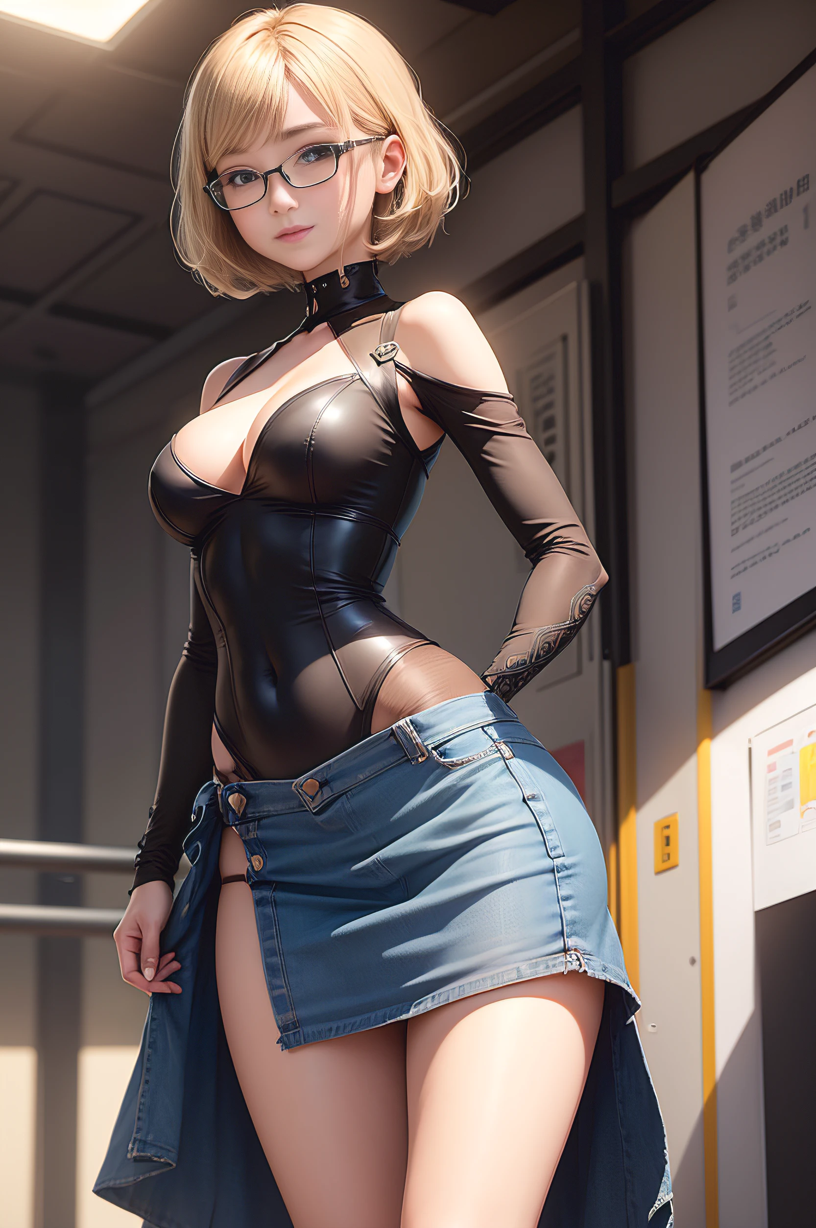 Woman in high skirt standing in artwork room with dark furniture, 1girl in, Blonde hair, Solo, Short hair, Skirt, Looking at Viewer, drapes, denim, Indoors, Saijo Judges, Large breasts, cleavage, (8K、Raw photography、top-quality、masterpiece:1.2)、(realisitic、Photorealsitic:1.37)、ultra-detailliert、超A high resolution、1人、see the beholder、beautifull detailed face、A smile、Constriction、(Slim waist) :1.3)、short-cut、Beautiful detailed skin、Skin Texture、Floating hair、Professional Lighting、Wait for the platform train、Black square glasses 、Whole human body、Brown hair