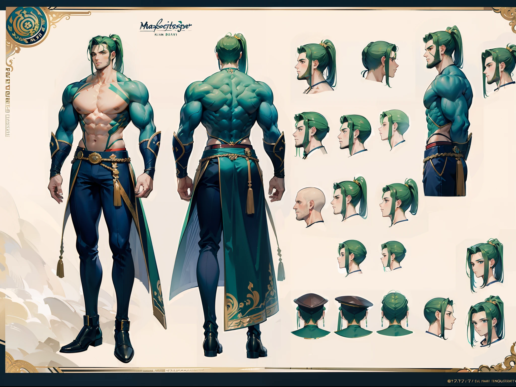 ((Masterpiece, Highest quality)), Detailed face, character design sheet, full bodyesbian, Full of details, frontal body view, back body view, Highly detailed, Depth, Many parts, Muscle boy with ponytail long green hair,handsome man, muscle body, navy, commander, man tall,