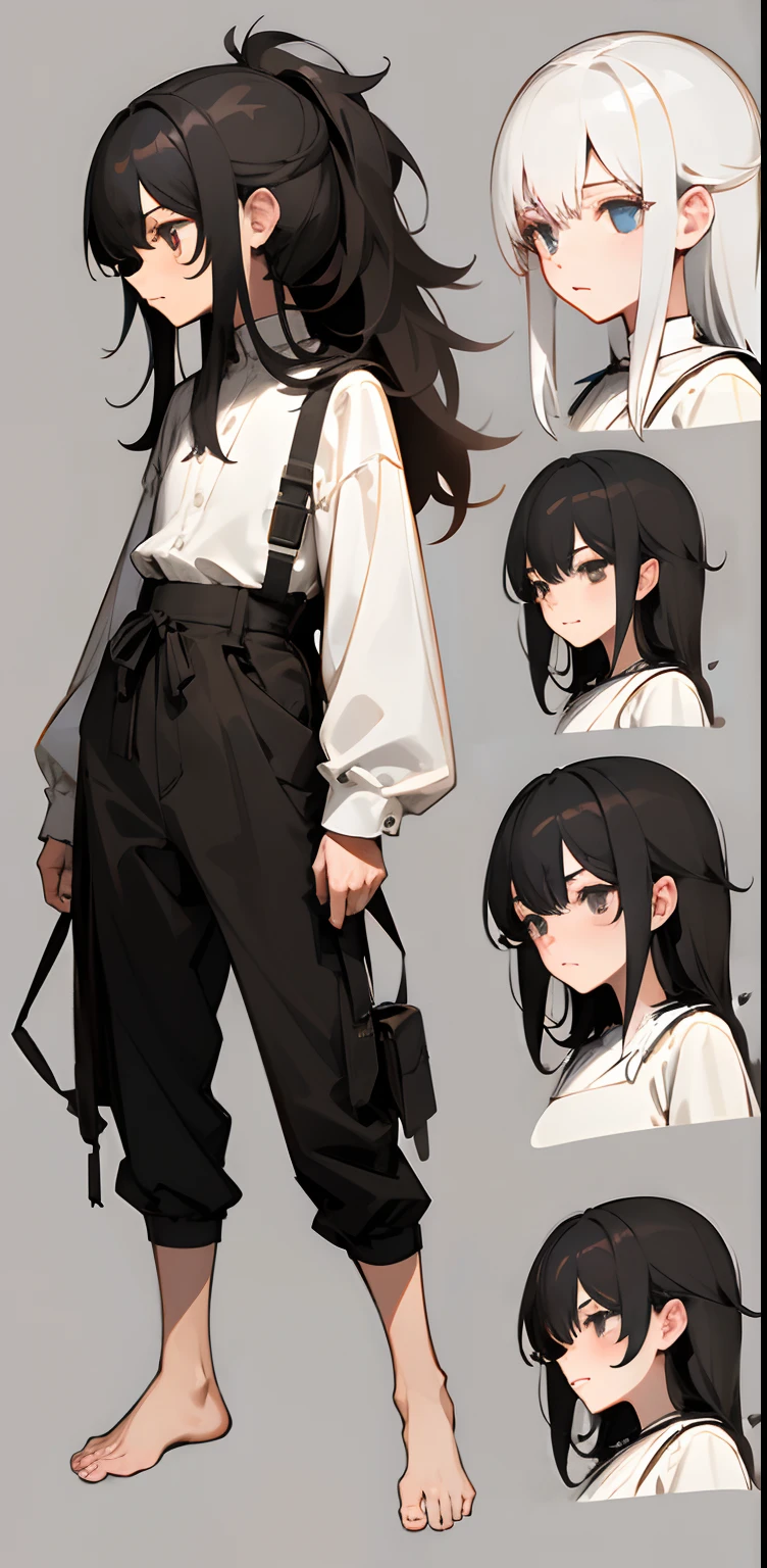 master piece, Highest quality)), Detailed face, character sheets, full body, full of details, multiple poses and expressions, Front view, side view, back view, character sheet, highly detailed, depth, many parts,A girl with black hair, short stature, messy hair, long hair, small face, emaciated, white oversized long-sleeved shirt, disheveled, free-falling long hair, the face is gloomy, emaciated, the chest is extremely small