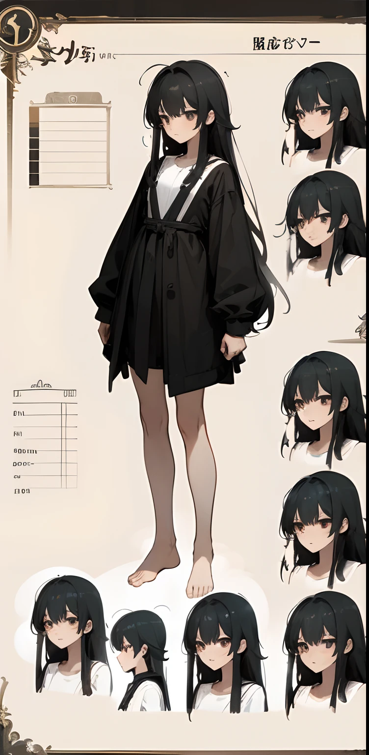 master piece, Highest quality)), Detailed face, character sheets, full body, full of details, multiple poses and expressions, Front view, side view, back view, character sheet, highly detailed, depth, many parts,A girl with black hair, short stature, messy hair, long hair, small face, emaciated, white oversized long-sleeved shirt, disheveled, free-falling long hair, the face is gloomy, emaciated, the chest is extremely small