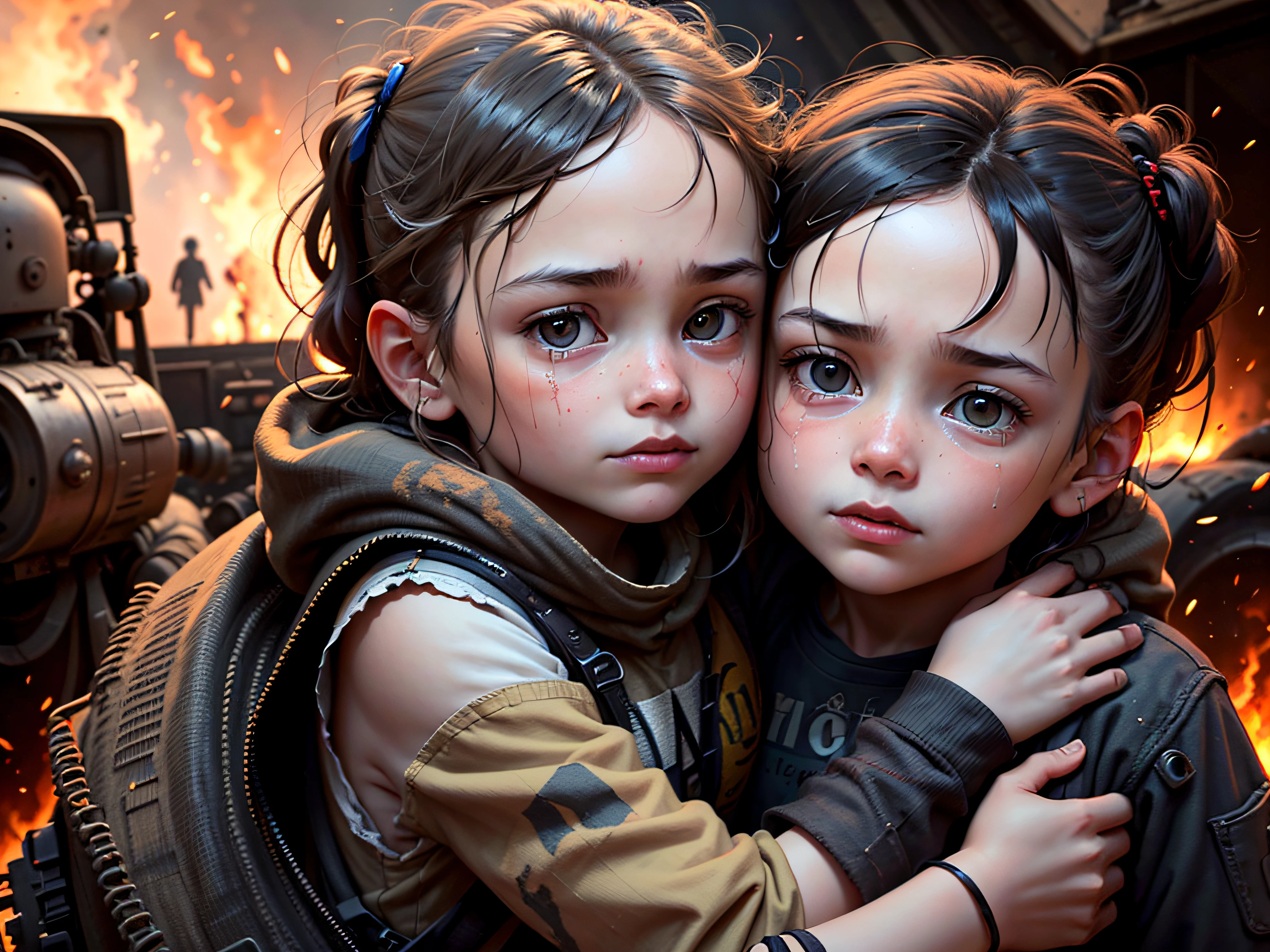 Two orphaned embrace in the middle of war. A boy and a girl, both around 10 yearsg torn and dirty clothes. They have brown hair and green eyes. They are scared and sad, but also relieved to have each other. They are crying and hugging each other tightly. They look at the camera with a mixture of fear and hope. They are on a street destroyed by bombs and gunfire. There is smoke, fire and debris everywhere. There are bodies of soldiers and civilians on the ground. There are tanks, planes and helicopters in the background. The camera is at eye level with the children, showing a medium shot of their faces and bodies. The camera is tilted slightly to convey the feeling of chaos and instability. The children are in the center of the image, occupying most of the space. They are framed by contrasting elements, such as fire and smoke, which create an atmosphere of danger and tension. The image has a dark and moody color palette, with shades of grey, brown and red. The lighting is dim and diffuse, coming mainly from fire and explosions. There are harsh shadows and strong contrasts in the image. The children are illuminated by a soft, warm light, which highlights their faces and creates a focus of attention in the image.