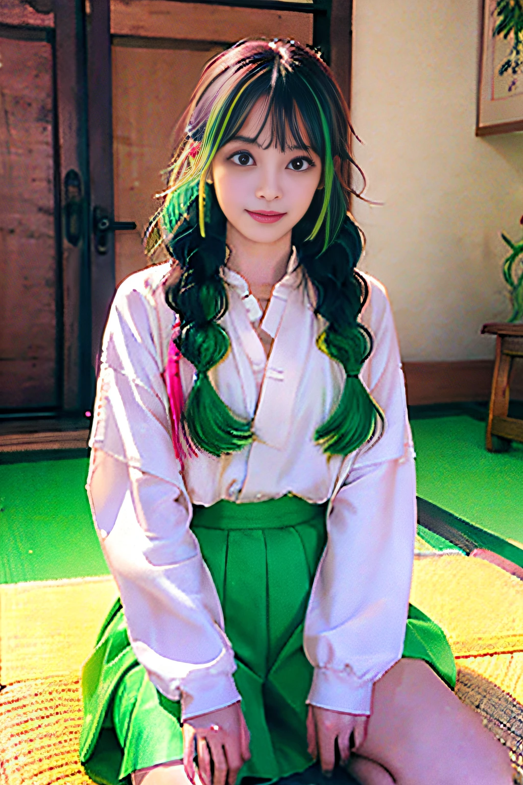Colors with a calm atmosphere、masterpiece, hightquality, Hi-Res, Idol、cute little、a beauty girl、Beautuful Women、女優、cowboy shot, , sitting on, hoop earrings,Anime、braid hair、pink japanese clothes、Purple and green hair、Kanroji Temple Honey Outfit、Synthesis of Ai Hoshino and Kanroji honey、