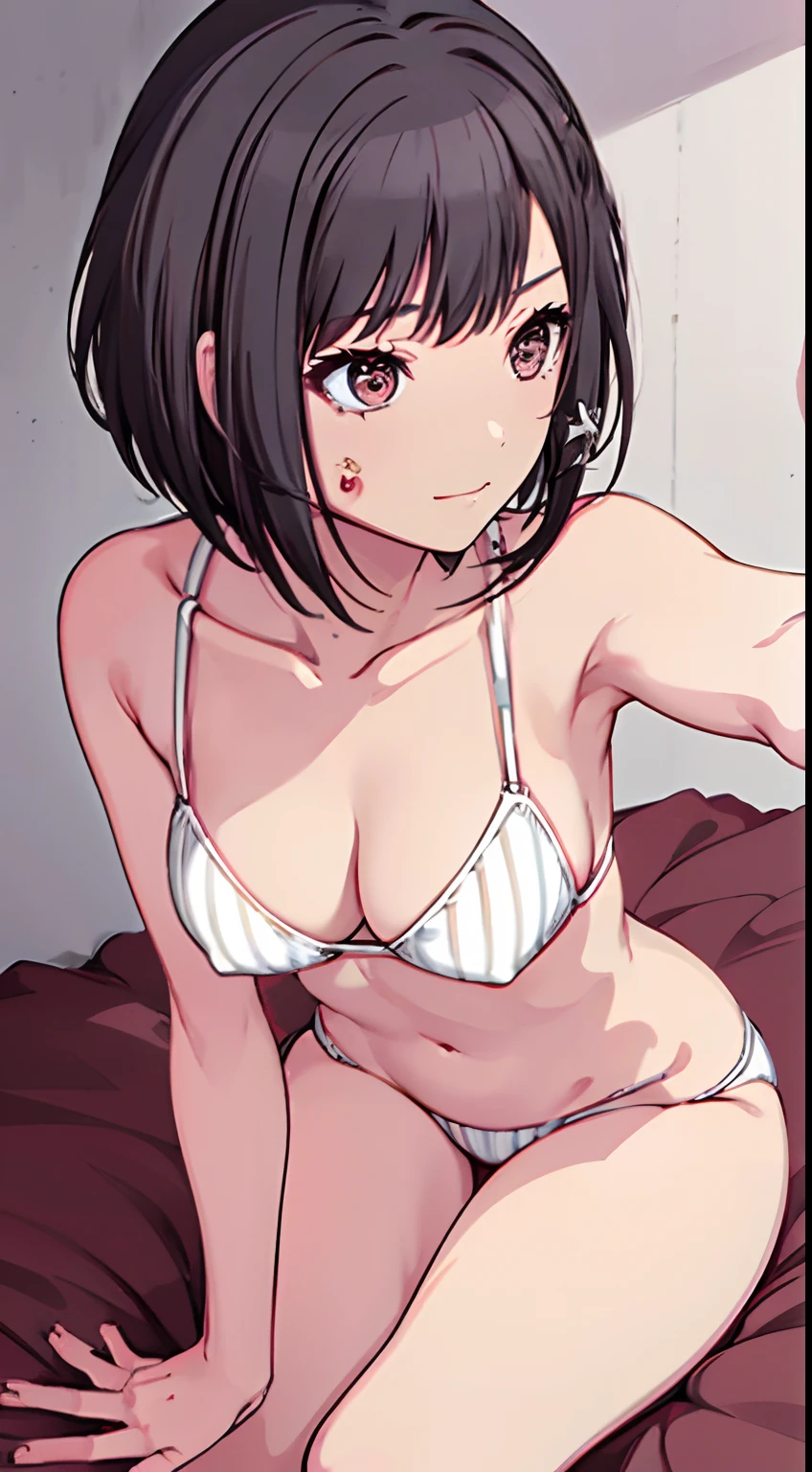 (String bikini　bending forward　Gravure Pose　on the beds　An ultra-high picture quality　clear outlines　Beautiful face)  thin-waist　A slender　ribbed　skinny limbs　beautidful eyes　teats　cleavage of the breast　Beautiful breasts　a short bob　A smile　Beautiful fingertips