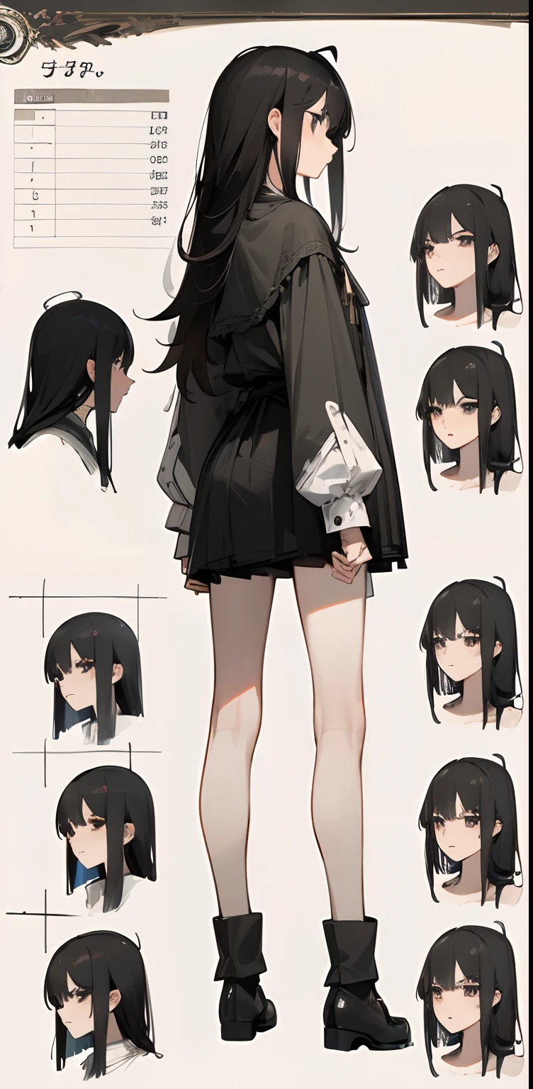 master piece, Highest quality)), Detailed face, character sheets, full body, full of details, multiple poses and expressions, Front view, side view, back view, character sheet, highly detailed, depth, many parts，A girl with black hair, short stature, messy hair, long hair, small face, emaciated, white oversized long-sleeved shirt, disheveled, free-falling long hair, the face is gloomy, emaciated, the chest is extremely small