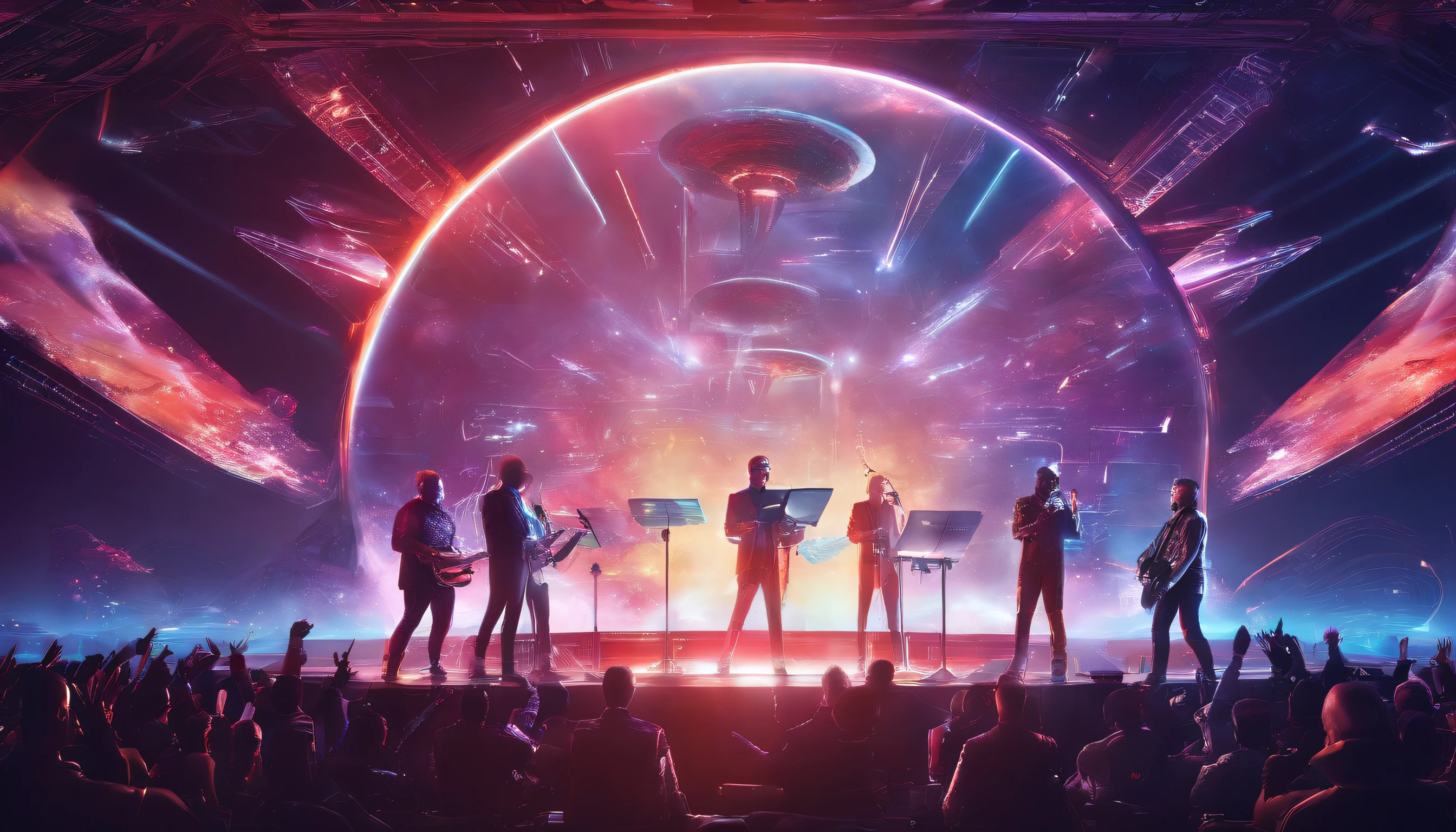 concert, 9 musicians on stage, visages du public, absurdes, high resolucion, Ultranet, 8k, volumetric effect, photo realist