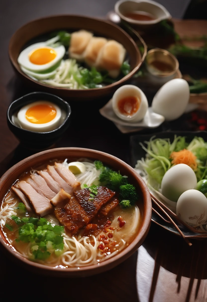 (((Shot at a 45-degree angle)))、Miso Ramen、Powdered chili pepper、2 thick slices of pork belly cash、1 flavored egg、Bean sprouts 30ｇ、3 thickly sliced shinachik、green onion、Beautiful presentation、I don't need cucumbers、No cucumbers,Delicious steam、