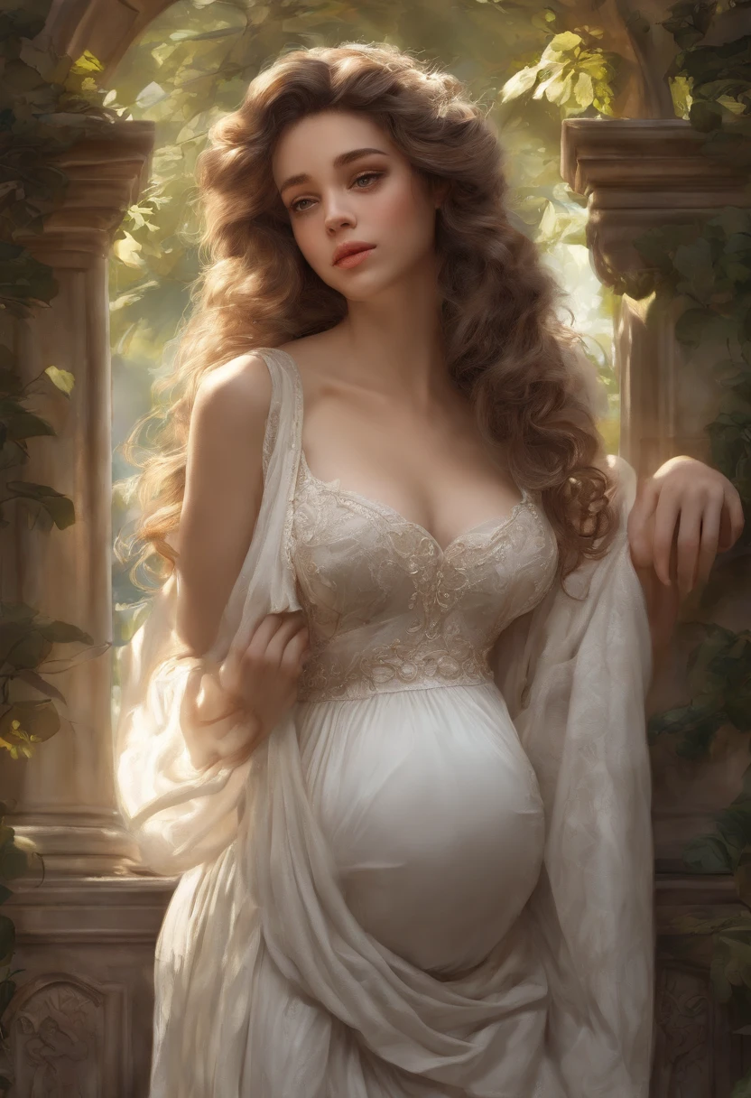 stunning masterpiece delicate and curvy princess young woman 20 years old, Pregnant woman, mulher com a barriga de 7 meses de gravidez, Woman with hands on belly, usando vestido longo, British Victorian dress, pele rude, Olhando para barriga, ((sunny victorian mansion garden background)), cabelo cumprido cacheado preto, detailed perfect brown eyes in the shape of an almond, perfect sensual and full lips, mulher de beleza angelical e delicada corpo inteiro, cobrir, pintura hiperdetalhada, Luminismo, bar lighting, Complexo, 4k resolution concept art portrait by Greg Rutkowski, Artgerm, WLOP, Alphonse Mucha: uma fotografia realista impressionante.
