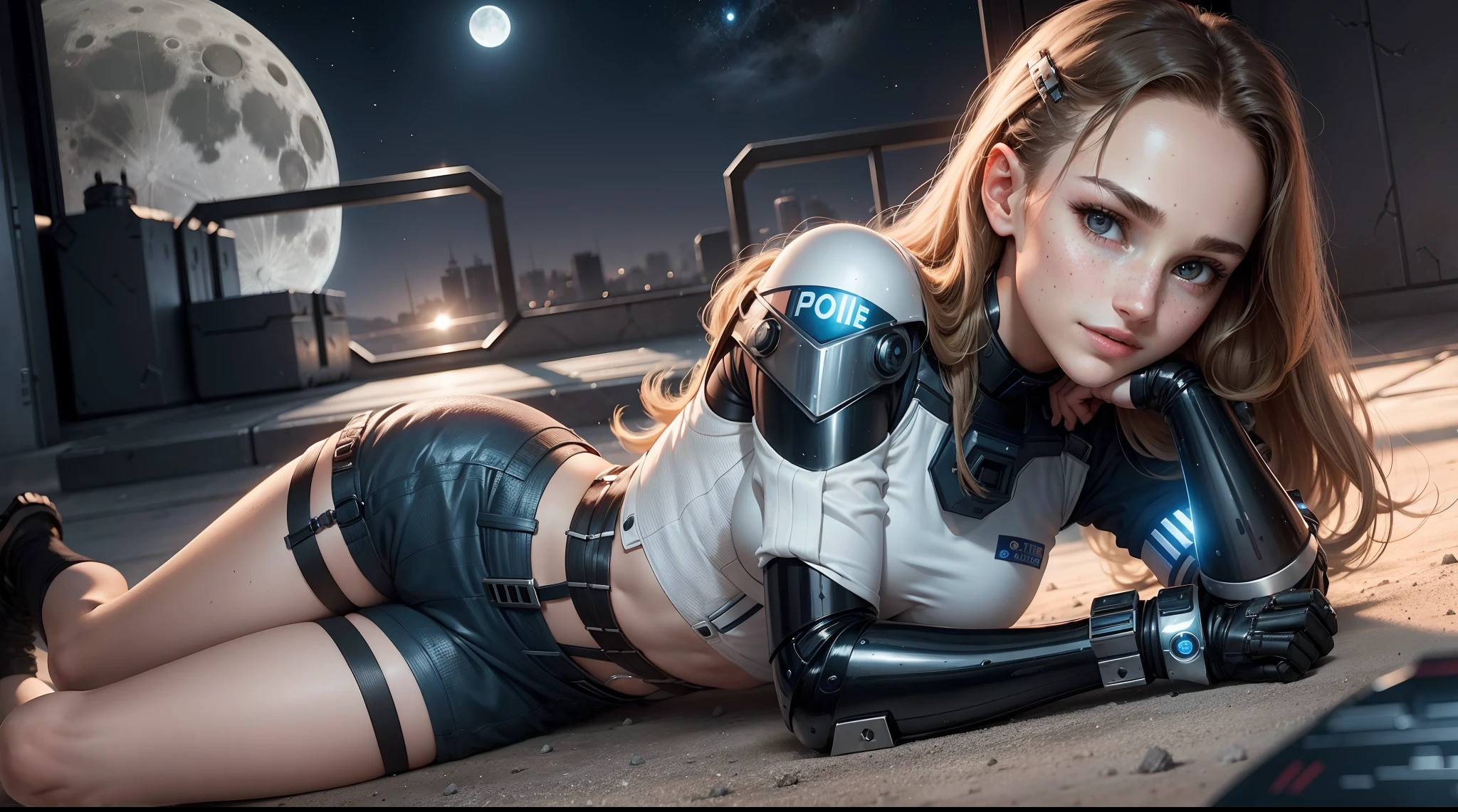 teen natalie portman as a futuristic future police girl soldier. gentle smile. (lying down). (Moon night desolation). freckles. slender and beautiful. robotic shorts.