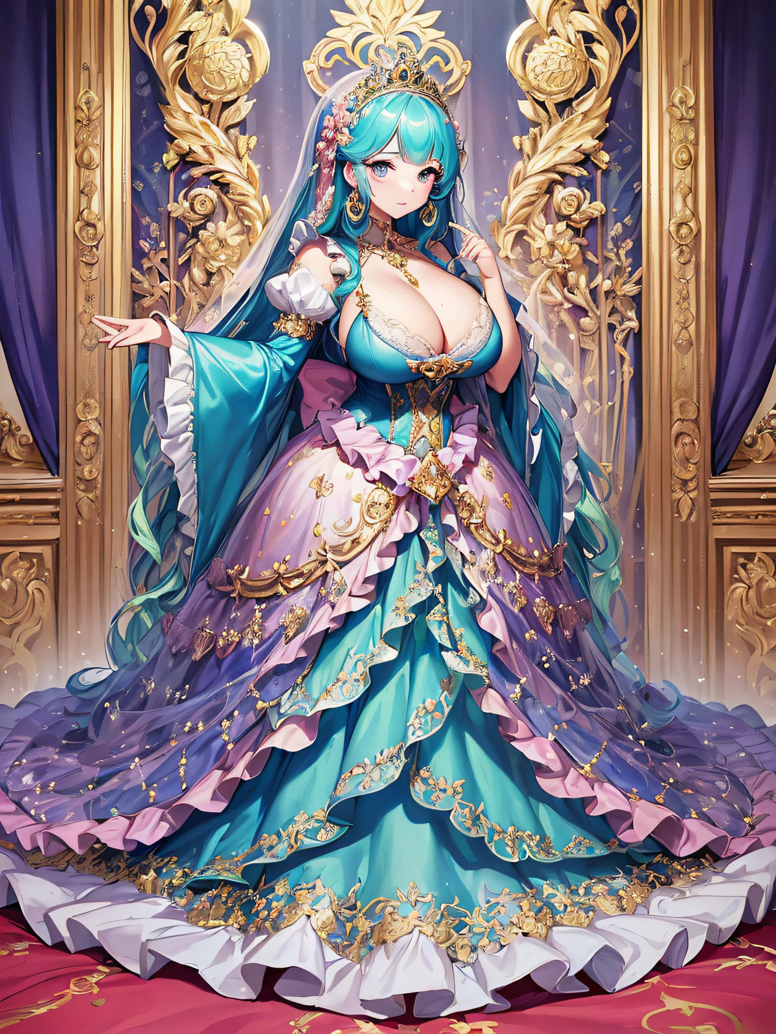 ((anime artstyle)),(Masterpiece),(Best Quality), (Super Detail),((Very Delicate and Beautiful)),(moe anime art style:1.3),1 girl,((full body portrait)),standing in palace of versailles,((solo)),cute,kawaii,digital art,(((1 princess in gorgeous princess rococo ballgown with voluminous full length hoop skirt))),((crinoline)),long train,((beautiful embroidery and jeweled)),voluminous frills,See-through,(gorgeous embroidery and beautiful lace),(((gigantic tits,skindentation,cleavage))),((large amount of straight hair,extremely voluminous Hair,Very Long Straight Hair)),((finely detailed face and eyes)),clear pupil,extremely gorgeousfull hair ornament,(bling-bling jeweled extremely gorgeousfull tiara),(bling-bling gorgeous gemstone jewelry),long veil,(beautiful background),full body,((gorgeous princess rococo ballgown with voluminous full length hoop skirt))