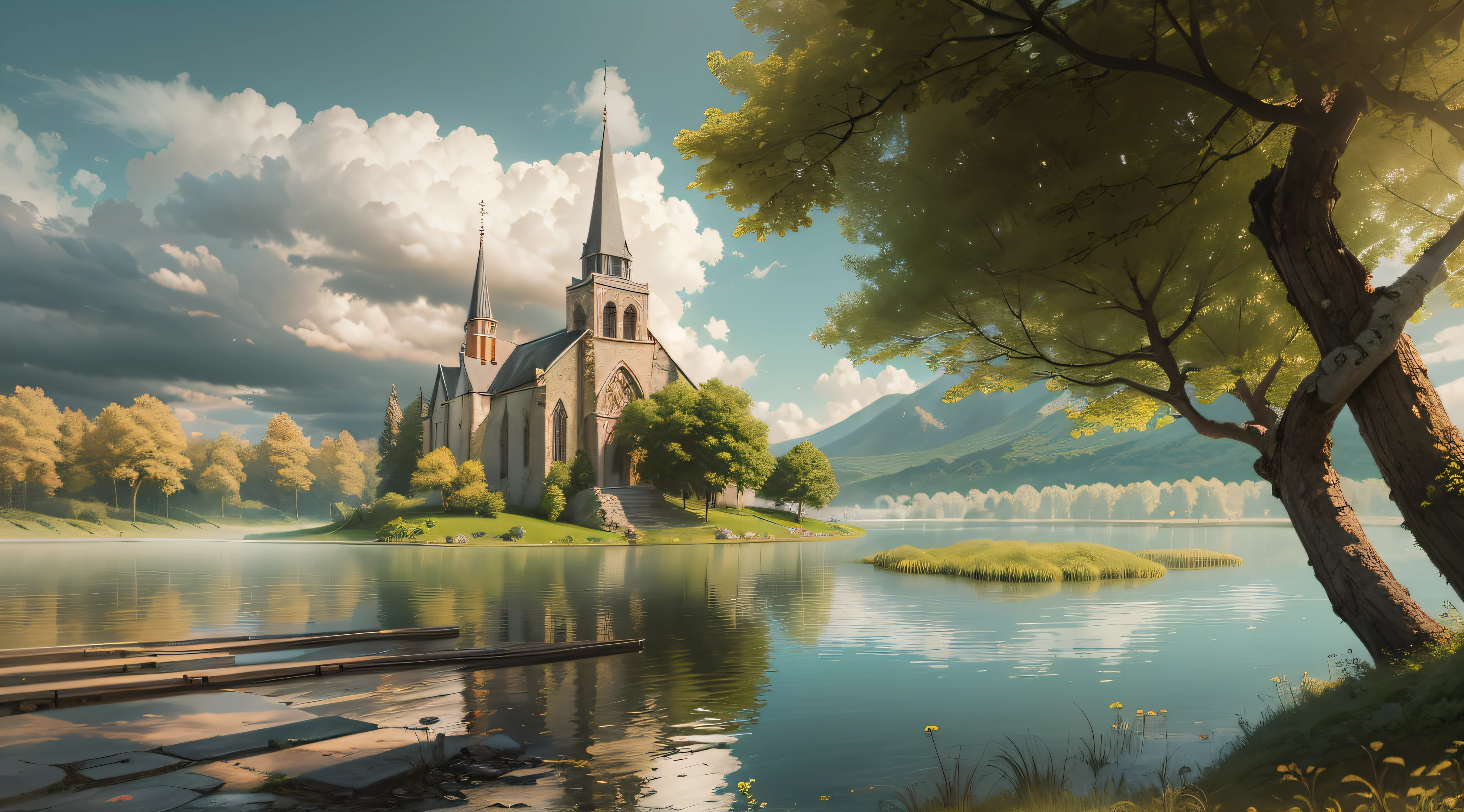 Generate a highly detailed and high-resolution image of a church and a cross in a serene landscape with a sky filled with clouds and a reflective lake, 16K, The church should have ornate details, and the cross should be intricately carved. The scene should be bathed in soft, golden sunlight, with lush greenery surrounding the church. Ensure the image is of the highest quality and resolution, 16k