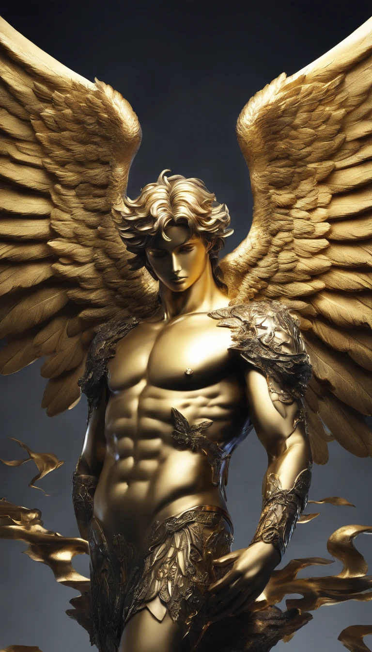 close up winged angel statue, male , fallen angel statue, angel with halo, with golden wings, contrasting skin, high quality, hyper realistic, standing male angel, gothic boy, majestic golden wings, dark black clouds in the back ground