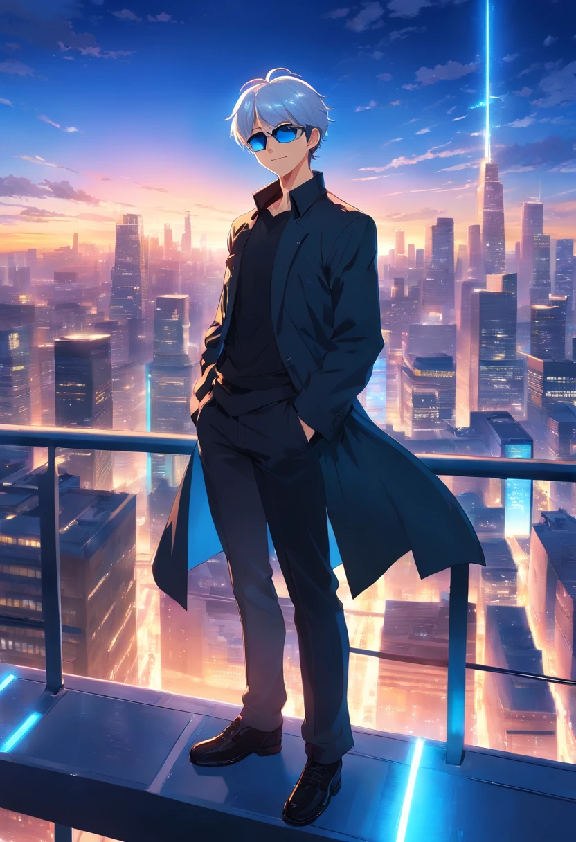 An anime man, dressed in black, white hair, blue eyes, sunglasses, standing on top of a building smiling, dazzling blue light, dynamic light effects, impressive aura, City background, full of building light,