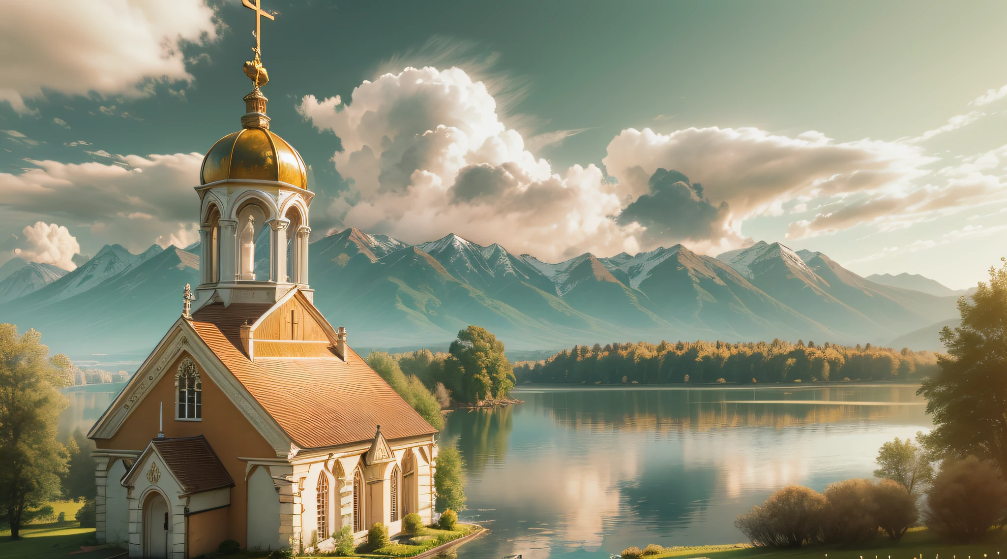 Generate a highly detailed and high-resolution image of a church and a cross in a serene landscape with a sky filled with clouds and a reflective lake, 16K, The church should have ornate details, and the cross should be intricately carved. The scene should be bathed in soft, golden sunlight, with lush greenery surrounding the church. Ensure the image is of the highest quality and resolution, 16k