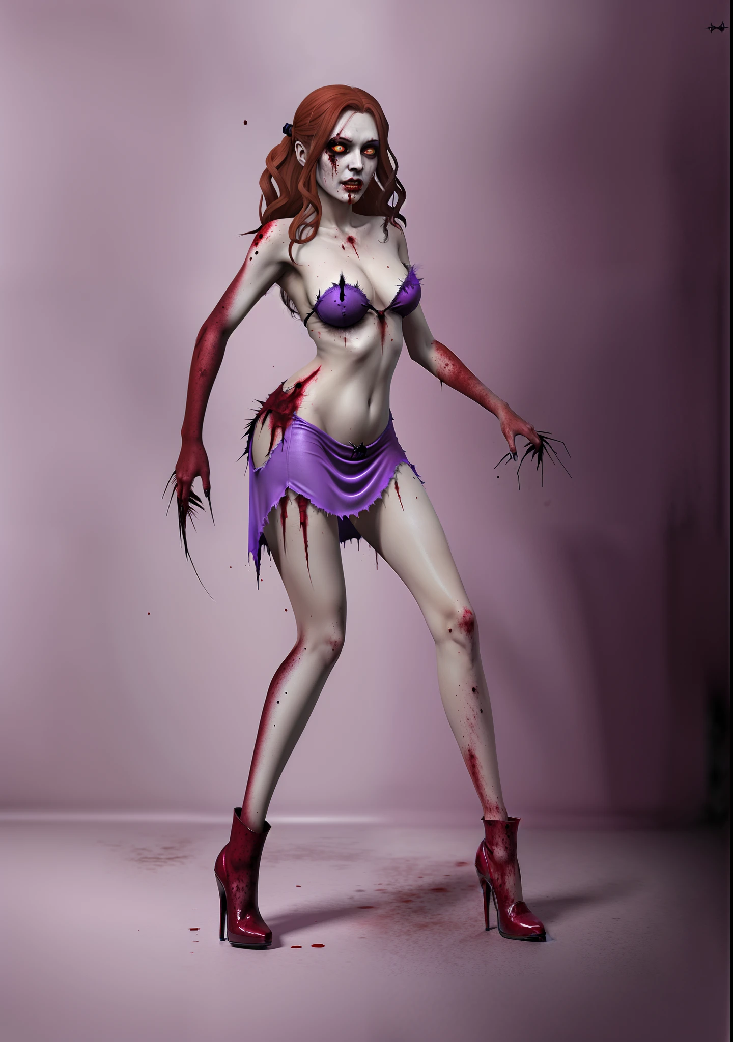 One wearing a purple dress,A close-up of a witch succubus with a bloody face,Big chest,Extra-long nails,heavy makeups,Slightly chubby body y, beautiful zombie, zombie in horror concept art, zombified, Unforgettable beautiful zombies, female humanoid creature, horror concept art, Bloody + concept-art, monstergirl, full body concept, zombie, sinister pose, a woman vampire, detailed full-body concept, Undead. Highly detailed