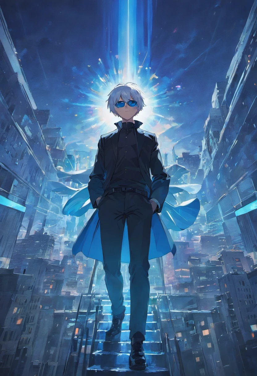 An anime man, dressed in black, white hair, blue eyes, sunglasses, standing on top of a building smiling, dazzling blue light, dynamic light effects, impressive aura, City background, full of building light,